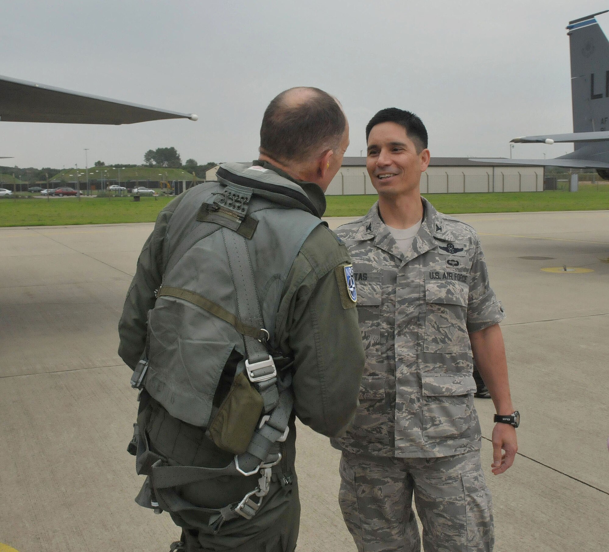 ROYAL AIR FORCE LAKENHEATH, England – Lt. Gen. Ralph J. Jodice II Commander, Allied Component Command Headquarters Izmir, Turkey, and Commander 16th Air Expeditionary Task Force, U.S. Air Forces in Europe, Izmir, Turkey, is greeted by Col. John Quintas, 48th Fighter Wing commander, Sept. 10, 2010.  General Jodice is the guest speaker for the 2010 Air Force Ball at RAF Mildenhall, England.  (U.S. Air Force photo/Staff Sgt. Connor Estes)