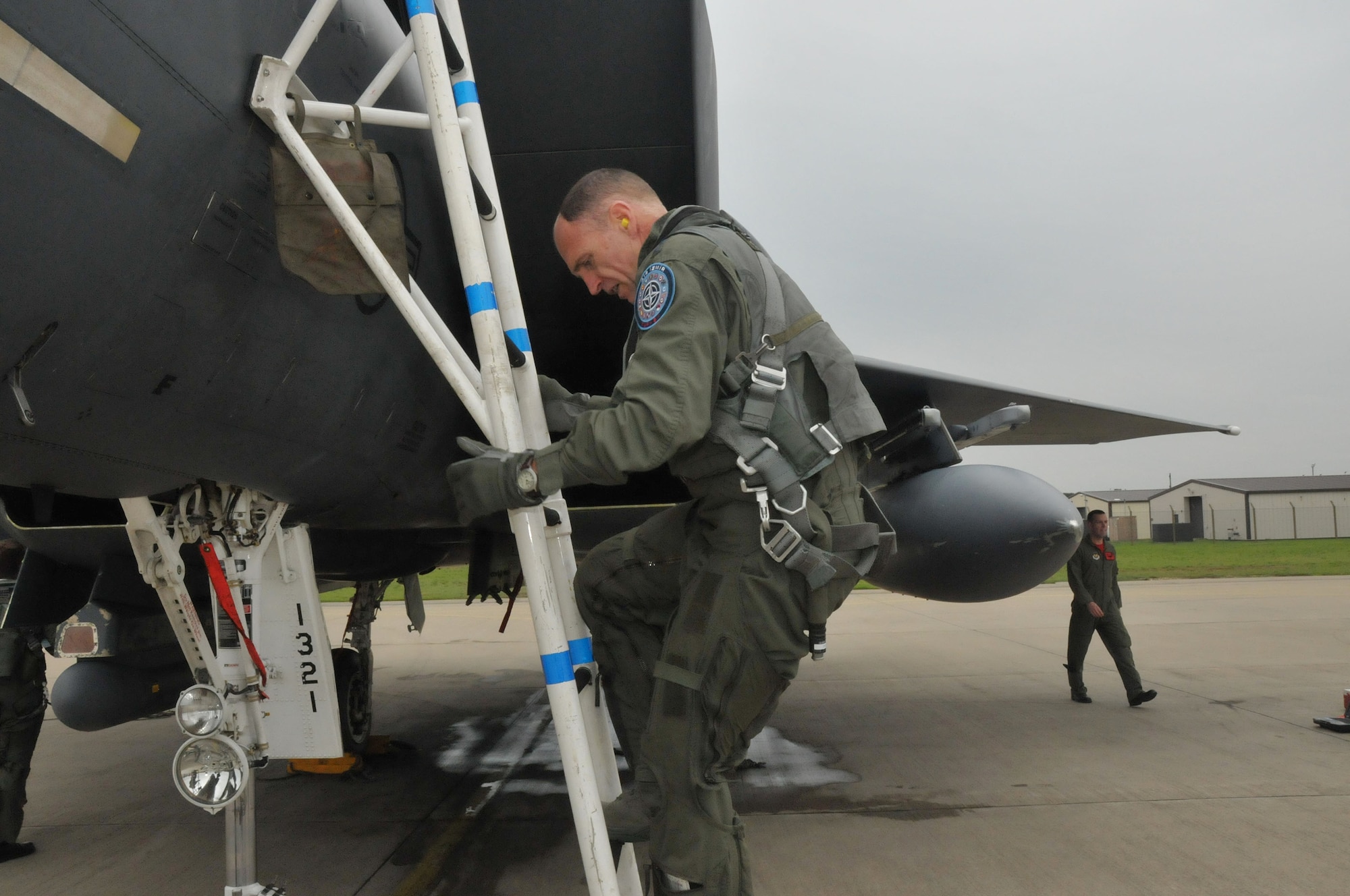ROYAL AIR FORCE LAKENHEATH, England – Lt. Gen. Ralph J. Jodice II Commander, Allied Component Command Headquarters Izmir, Turkey, and Commander 16th Air Expeditionary Task Force, U.S. Air Forces in Europe, Izmir, Turkey, climbs down an F-15, Sept. 10, 2010.  General Jodice is the guest speaker for the 2010 Air Force Ball at RAF Mildenhall, England.  (U.S. Air Force photo/Staff Sgt. Connor Estes