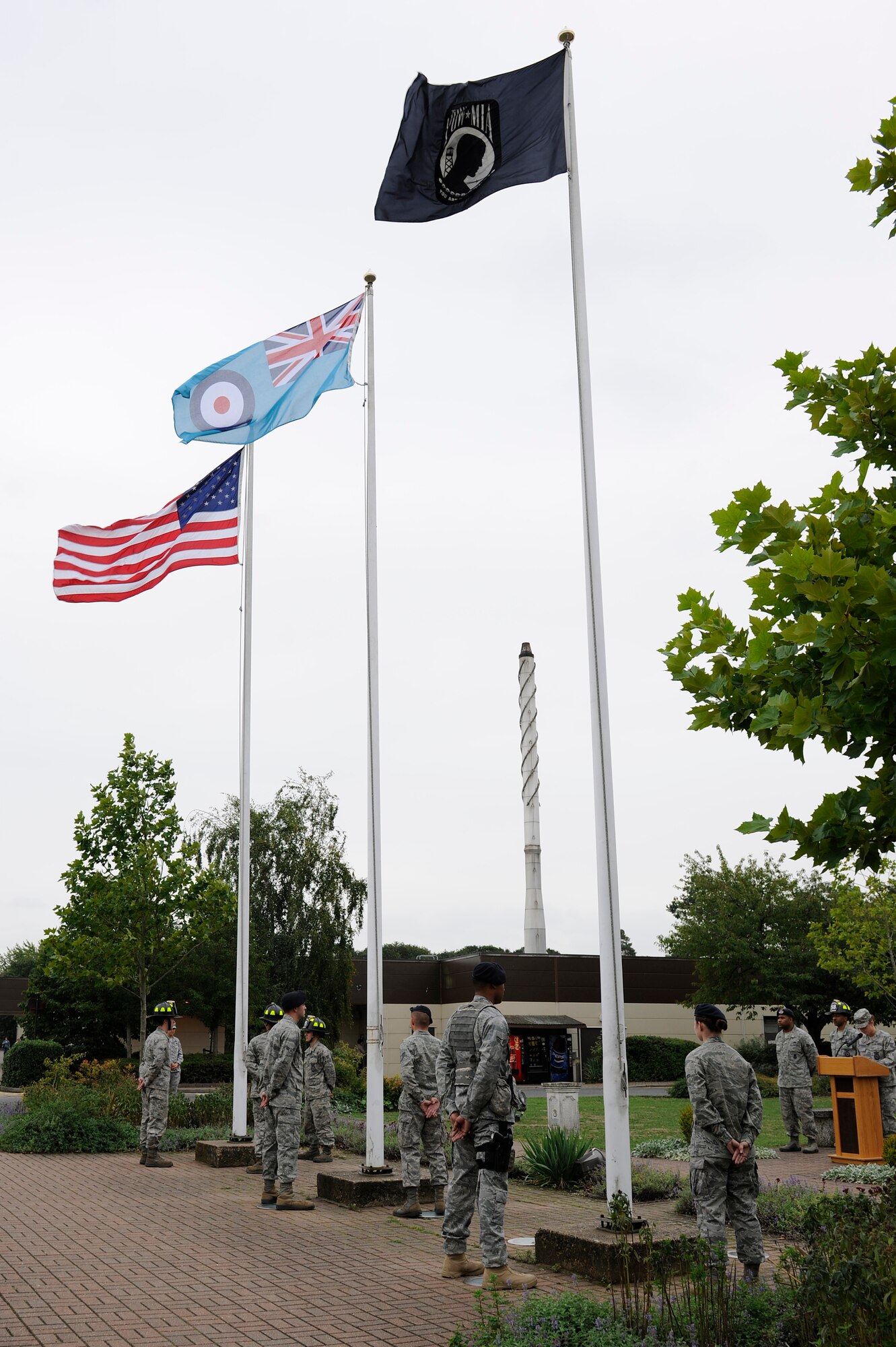 ROYAL AIR FORCE LAKENHEATH, England – Liberty Wing warriors stand at parade rest during the 9/11 Retreat Ceremony, Sept. 10, 2010. The ceremony was held in remembrance of those who responded to the attack. (U.S. Air Force photo/Airman 1st Class Lausanne Morgan)