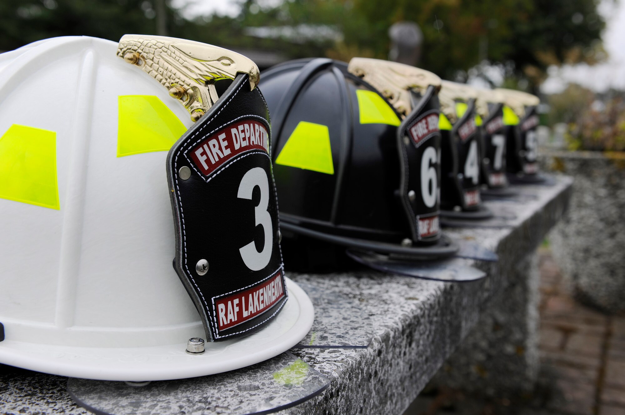 ROYAL AIR FORCE LAKENHEATH, England – Structural firefighting helmets were worn during the 9/11 Retreat ceremony, Sept. 10, 2010. The ceremony was held to honor those who lost their lives in-the-line of duty during the attacks. (U.S. Air Force photo/Airman 1st Class Lausanne Morgan)