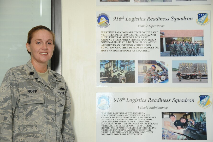 Lt. Col. Cherie Roff, the new commander of the 916th Logistics Readiness Squadron, stands with confidence showing that she is ready to handle all that may come with being the commander for LRS.(USAF photo by Staff Sgt. Terrica Y. Jones 916 ARW/PA)
