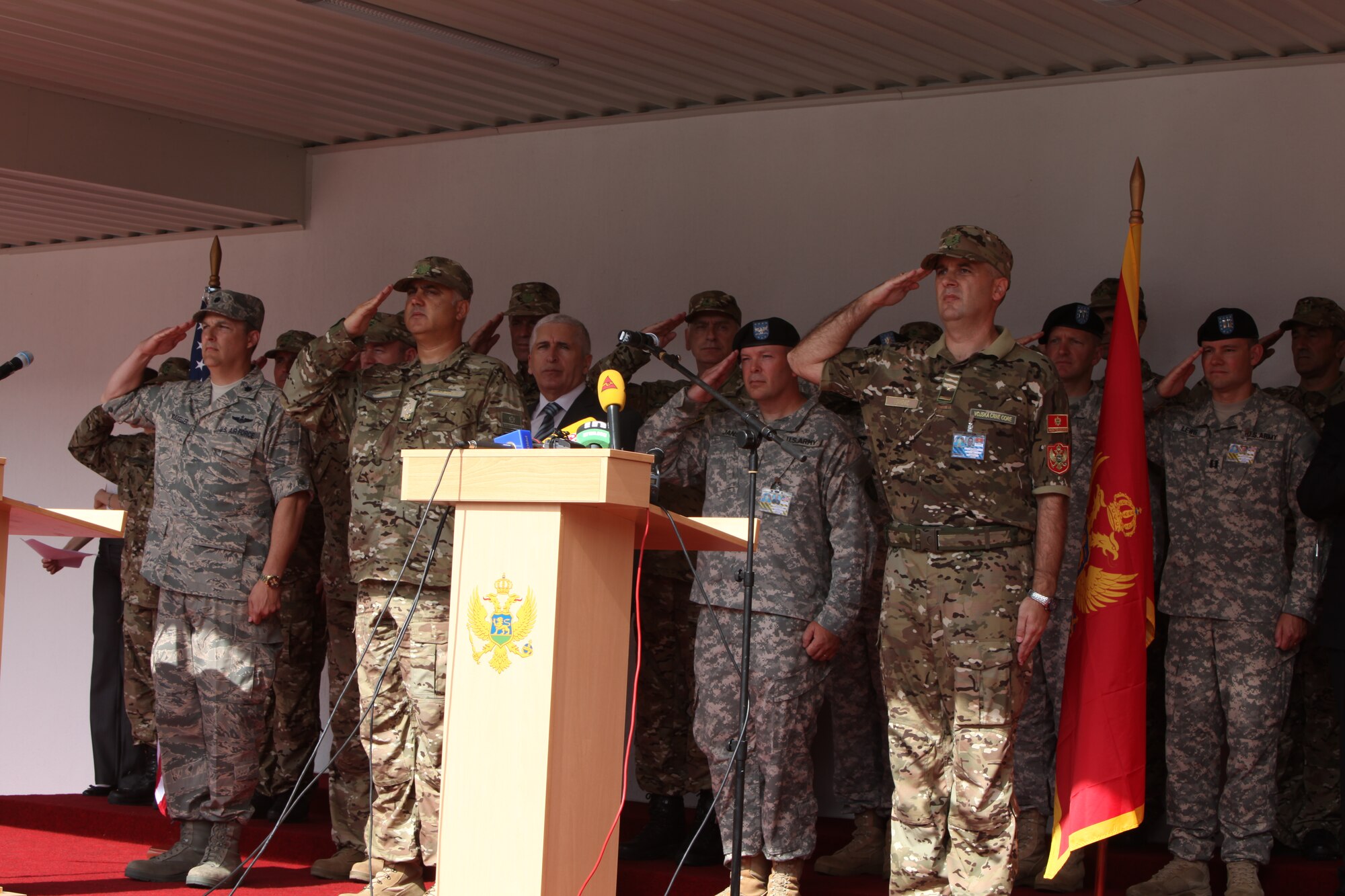Officials involved with MEDCEUR 2010 salute the troops during opening ceremonies Sept. 10 on Danilovgrad Army Base, Montenegro. MEDCEUR is a large-scale medical exercise designed to strengthen emergency response and efficient medical treatment in the event of any real-world disasters or accidents. For more information, visit www.usafe.af.mil/medceur.asp and www.odbrana.gov.me. (U.S. Marine Corps photo/Lance Cpl. Jad Sleiman)