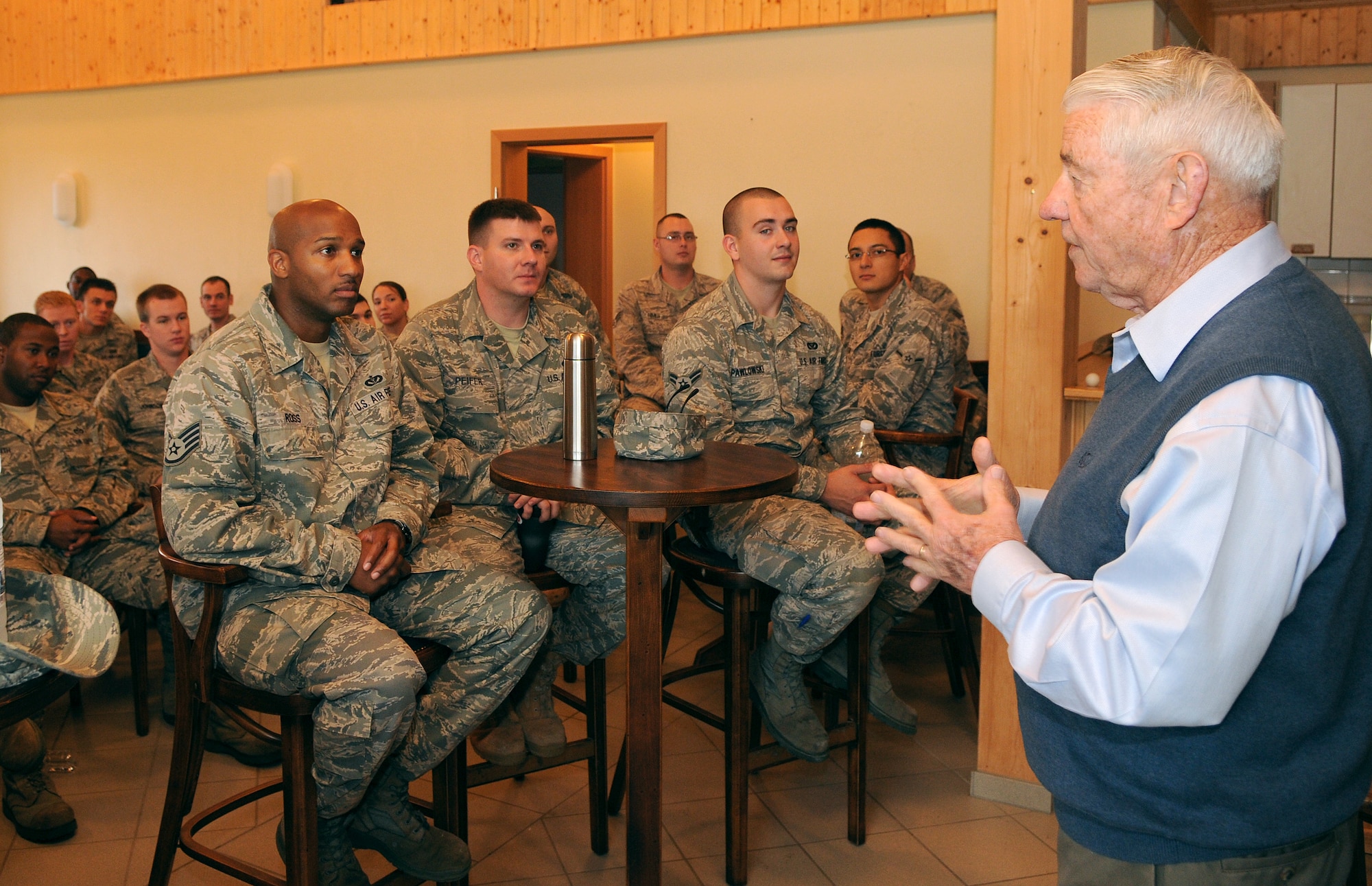 SPANGDAHLEM AIR BASE, Germany – Robert Gaylor, fifth Chief Master Sgt. of the Air Force, speaks with Airmen from the 52nd Civil Engineer Squadron during his visit here Sept. 10. Chief Gaylor will be the guest speaker at Spangdahlem’s 2010 Air Force Ball, which is themed “Remembering our heritage and embracing our future.” (U.S. Air Force photo/Staff Sgt. Benjamin Wilson)