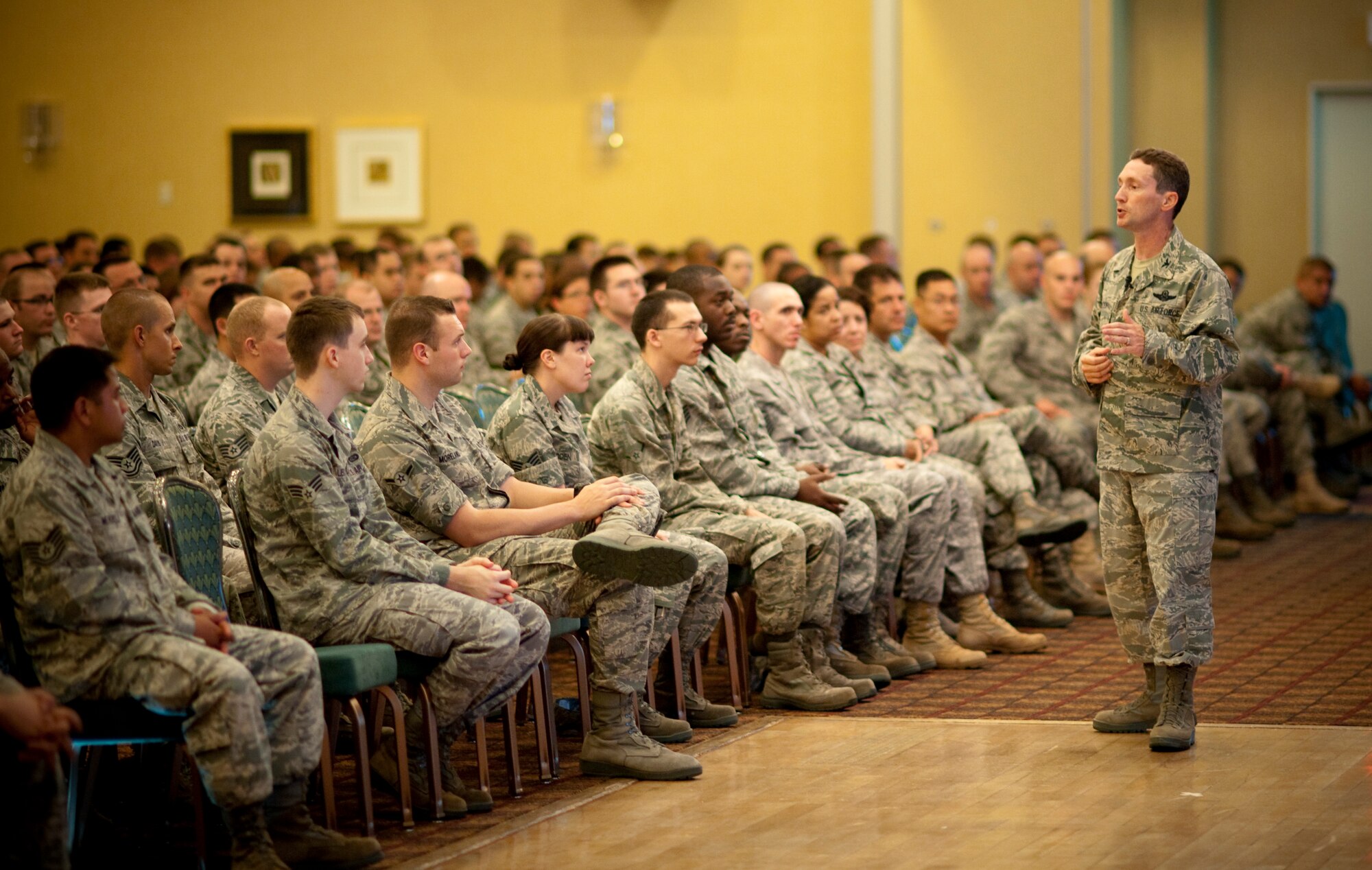 U.S. Air Force Col. Michael Rothstein, 35th Fighter Wing commander, speaks to a group of enlisted Airmen during one of his first commander’s calls at the Misawa Air Base collocated club Sept. 7, 2010. Colonel Rothstein talked about on his values as the wing and installation commander, as well has his expectations of Airmen serving here. (U.S. Air Force photo by Staff Sgt. Samuel Morse/Released)