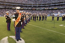 The 3rd Marine Aircraft Wing Band performs during a military appreciation halftime show at Qualcomm Stadium