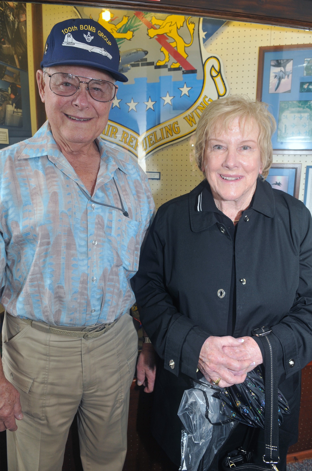 Capt. (ret.) Robert Wolff, former 100th Bomb Group prisoner of war, and his wife, Barbara, pose for a photo in front of a museum display depicting the current operations at RAF Mildenhall, England, during a tour of Thorpe Abbotts, Sept. 11, 2010. Captain Wolff was stationed at RAF Thorpe Abbotts during World War II. (U.S. Air Force photo/Tech. Sgt. Kevin Wallace)