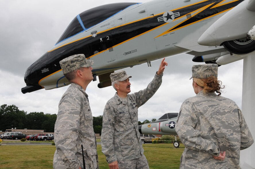 Col. Frederick R. Miclon, vice commander, 103rd Airlift Wing, discusses the progress made on the Bradley Airpark upgrades that were completed early summer, 2010, with Lt. Col Jerry McDonald and Master Sgt. Dawn Whelan at Bradley Air National Guard Base, East Granby, Conn. (U.S. Air Force Photo by Tech. Sgt. Erin McNamara)