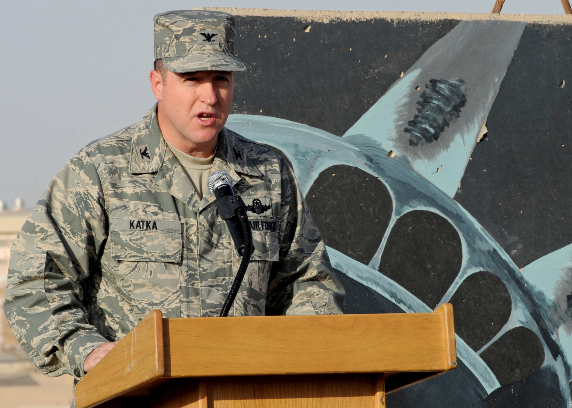SOUTHWEST ASIA - Col. Michael B. Katka, vice commander of the 386th Air Expeditionary Wing, counsels Airmen to stand fast against violent extremists during a 9/11 memorial service at an undisclosed air base here Sept. 11, 2010. The ceremony was held in tribute to the nearly 3,000 men and women who lost their lives during terrorist attacks on the United States on Sept. 11, 2001. (U.S. Air Force photo by Senior Airman Laura Turner)
