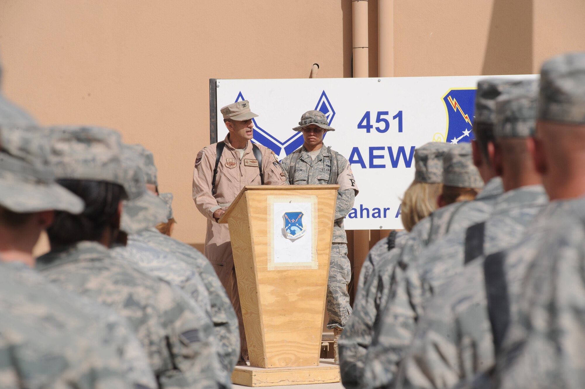 Col. Darren Hansen addresses attendees of the 9/11 memorial ceremony held by the 451st Air Expeditionary Wing Sept. 11, 2010, at Kandahar Airfield, Afghanistan. Colonel Hansen is the vice commander of the 451st Air Expeditionary Wing. (U.S. Air Force photo by Tech. Sgt. Chad Chisholm/Released)