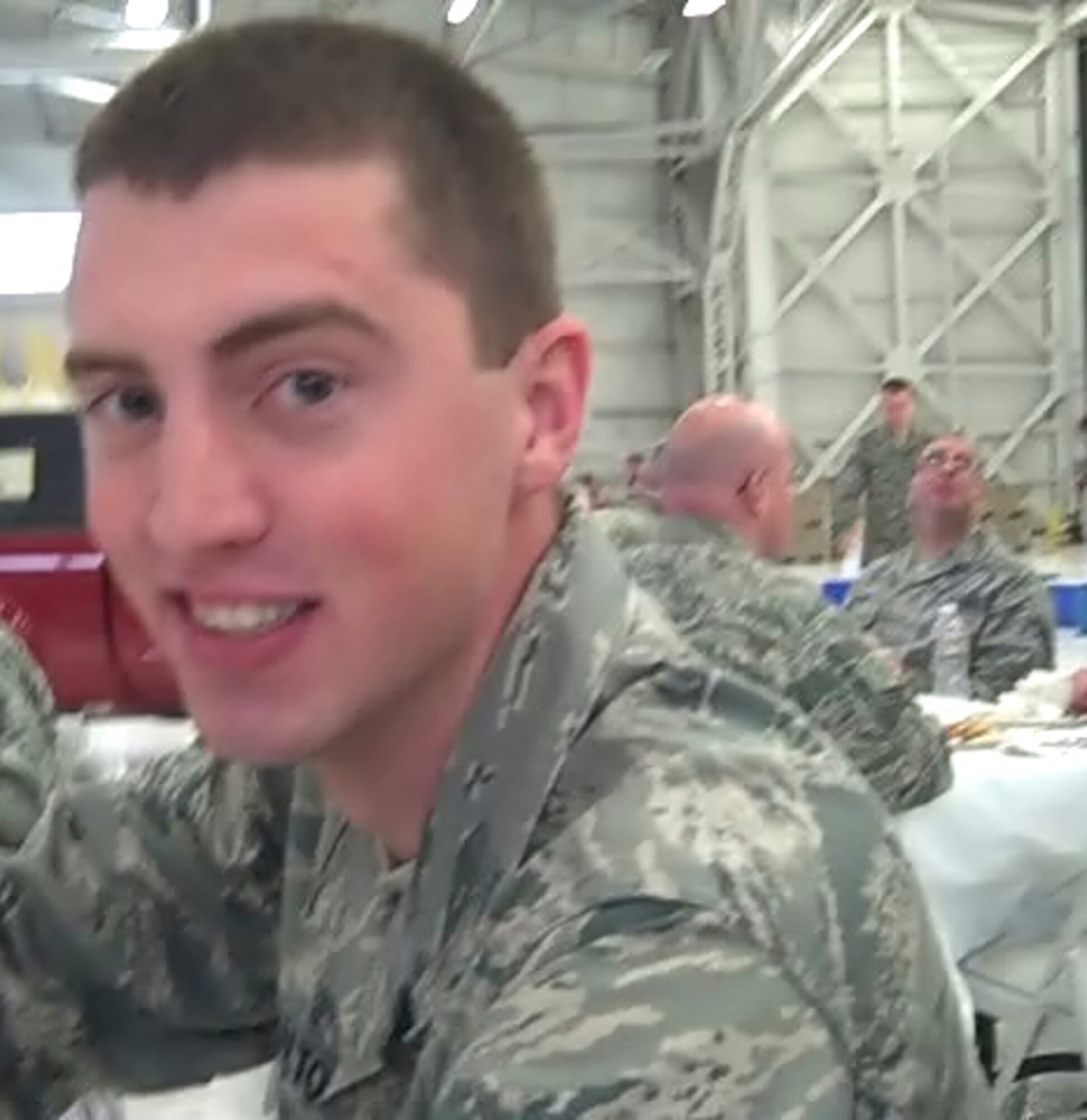 JOINT BASE LEWIS - MCCHORD, Wash. -- Senior Airman Phillip Calton, a technician with the 446th Airlift Wing Financial Management here, enjoyed lunch hosted by community members on Sept. 12.  Local businesses and others provided a fully catered lunch to McChord's Airmen to honor their service.  (U.S. Air Force photo/Staff Sgt. Elizabeth Moody)