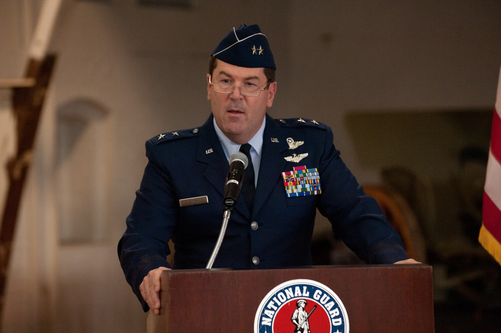 Maj. Gen. Michael D. Akey, outgoing Commander Massachusetts Air National Guard, addresses the crowd during a change of command ceremony held at the National Guard Museum in Worcester Mass. on September 12, 2010. (Photo by Technical Sergeant Erik Klein)