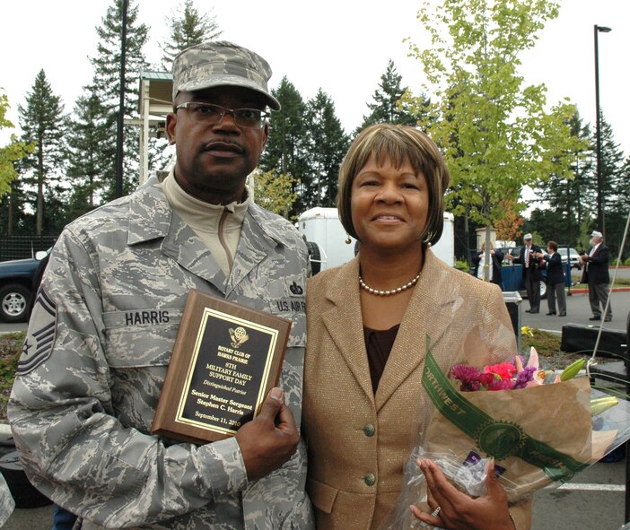 LACEY, Wash., - Senior Master Sgt. Stephen Harris, superintendent of 446th Services Flight at Joint Base Lewis-McChord, Wash., and his wife Angela, were honored Sept. 11 by local community leaders and businesses during the 8th Annual Military Family Support Day.  Angela and Sergeant Harris have been married for 29 years. (U.S. Air Force photo/Staff Sgt. Elizabeth Moody)