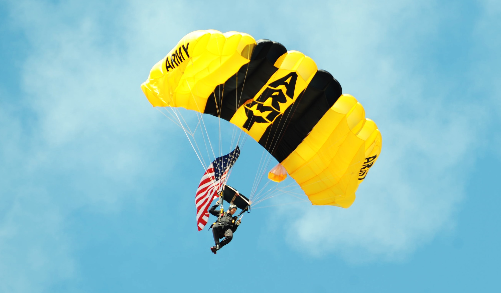 SCOTT AIR FORCE BASE, Ill -- U.S. Army Staff Sgt. Steven Robertson parachutes in carrying the American flag during the opening ceremonies of the 2010 Airpower Over the Midwest Air Show Sept. 12. (U.S. Air Force photo by Tech. Sgt. Michelle Larche)