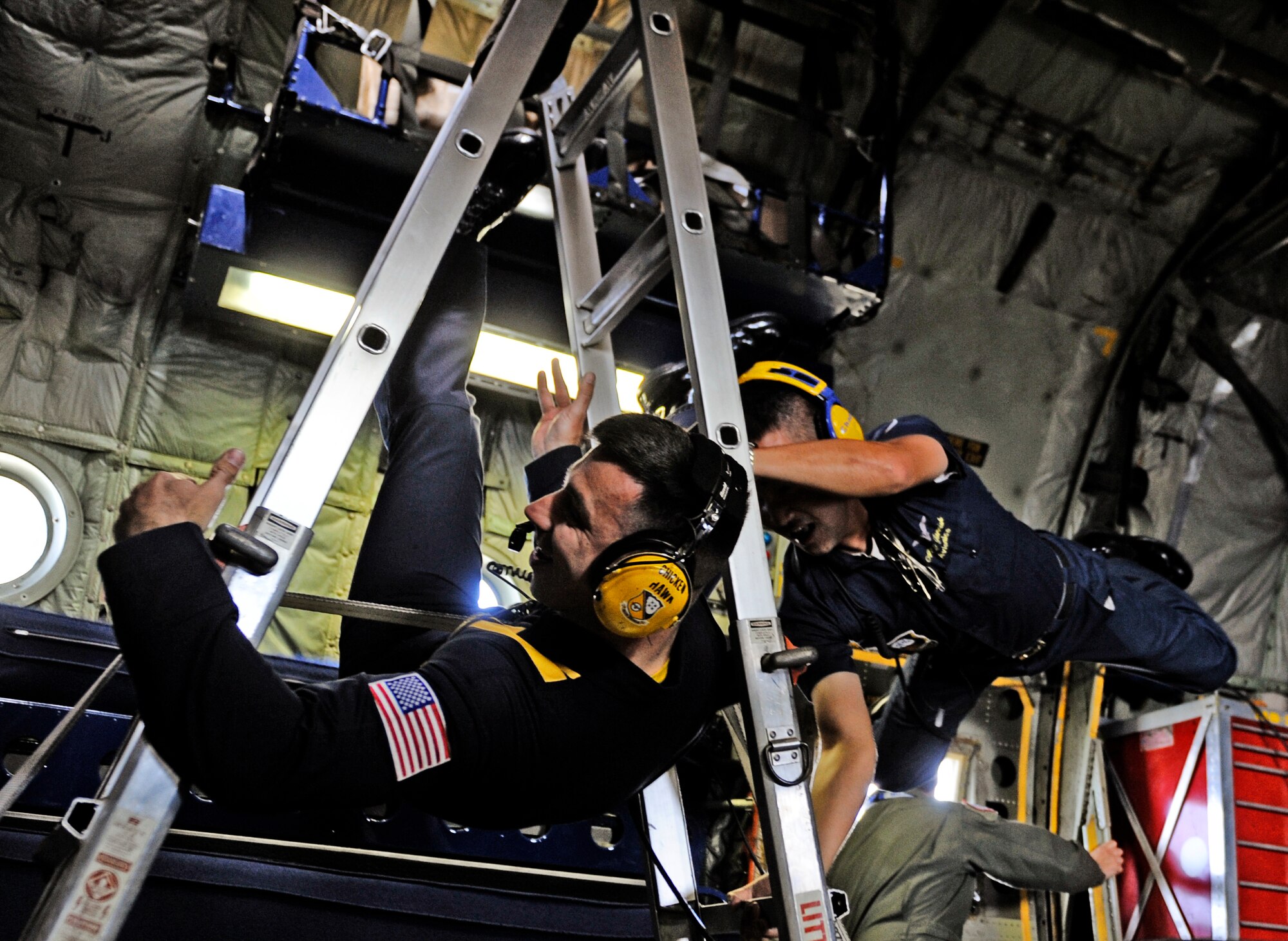 SCOTT AIR FORCE BASE, Ill. – A view from the back of the Blue Angels C-130, Fat Albert, is shown during its performance at the 2010 Airpower Over the Midwest Air Show Sept. 11 as the crew experiences zero gravity at the top of a sharp climb. Fat Albert joined the team in 1970 and began opening the Blue Angels demonstration in 1975. (U.S. Air Force photo/Staff Sgt. Ryan Crane)