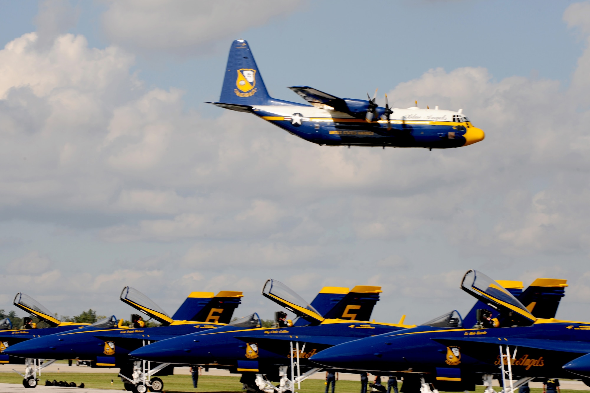 SCOTT AIR FORCE BASE, Ill. – The Blue Angels C-130, Fat Albert, takes a pass in front the crowd during the 2010 Airpower Over the Midwest Air Show Sept. 11. Fat Albert joined the team in 1970 and began opening the Blue Angels demonstration in 1975. (U.S. Air Force photo/Staff Sgt. Brian Valencia)