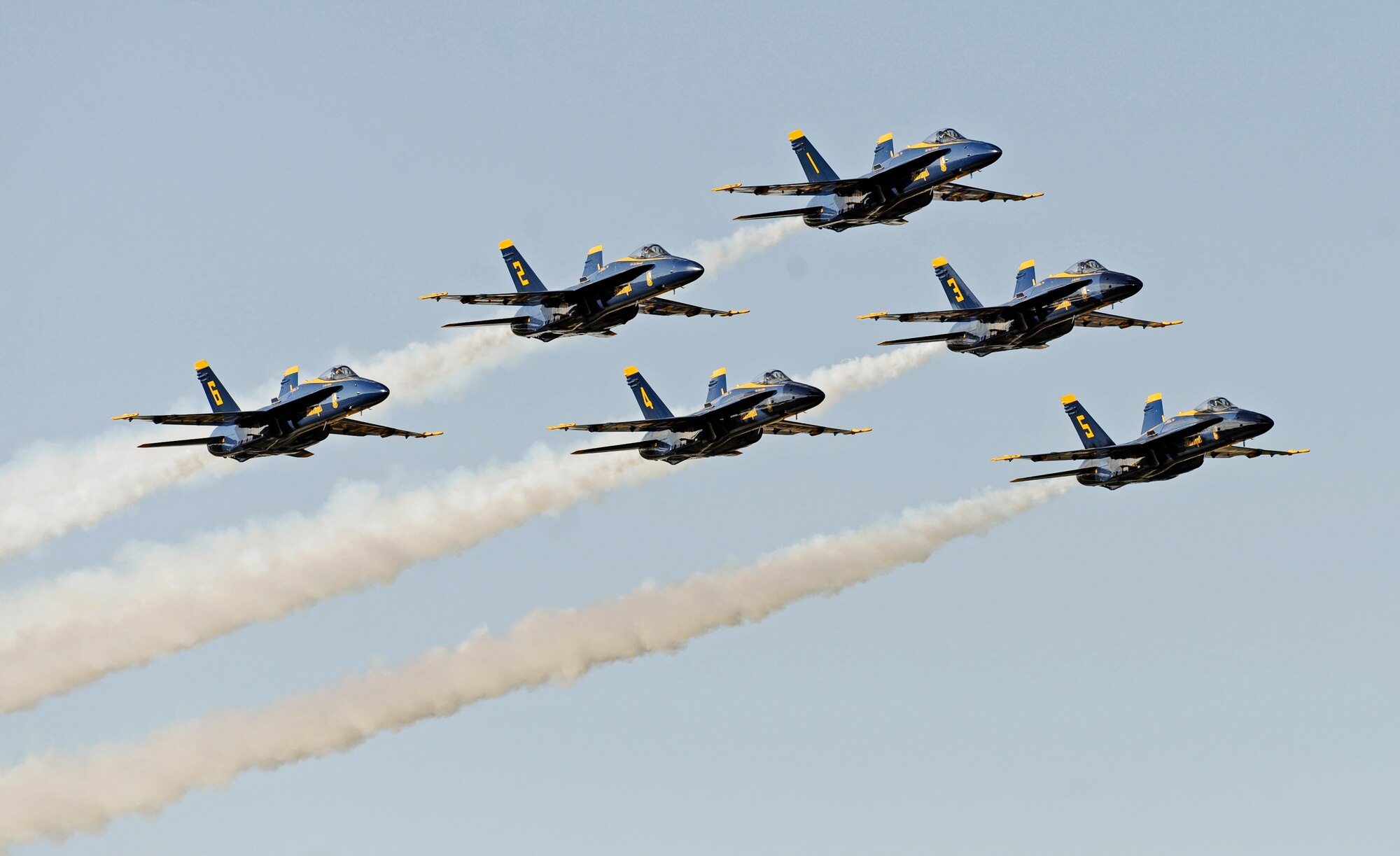 SCOTT AIR FORCE BASE, Ill. -- The Navy Blue Angels perform during the 2010 Airpower Over the Midwest Air Show Sept. 11. Other headlining acts included the Army Golden Knights Parachute Team and the Tora! Tora! Tora!, a reenactment of the Dec. 7, 1941, attack on Pearl Harbor with pyrotechnic explosions.  (U.S. Air Force photo/Staff Sgt. Ryan Crane)