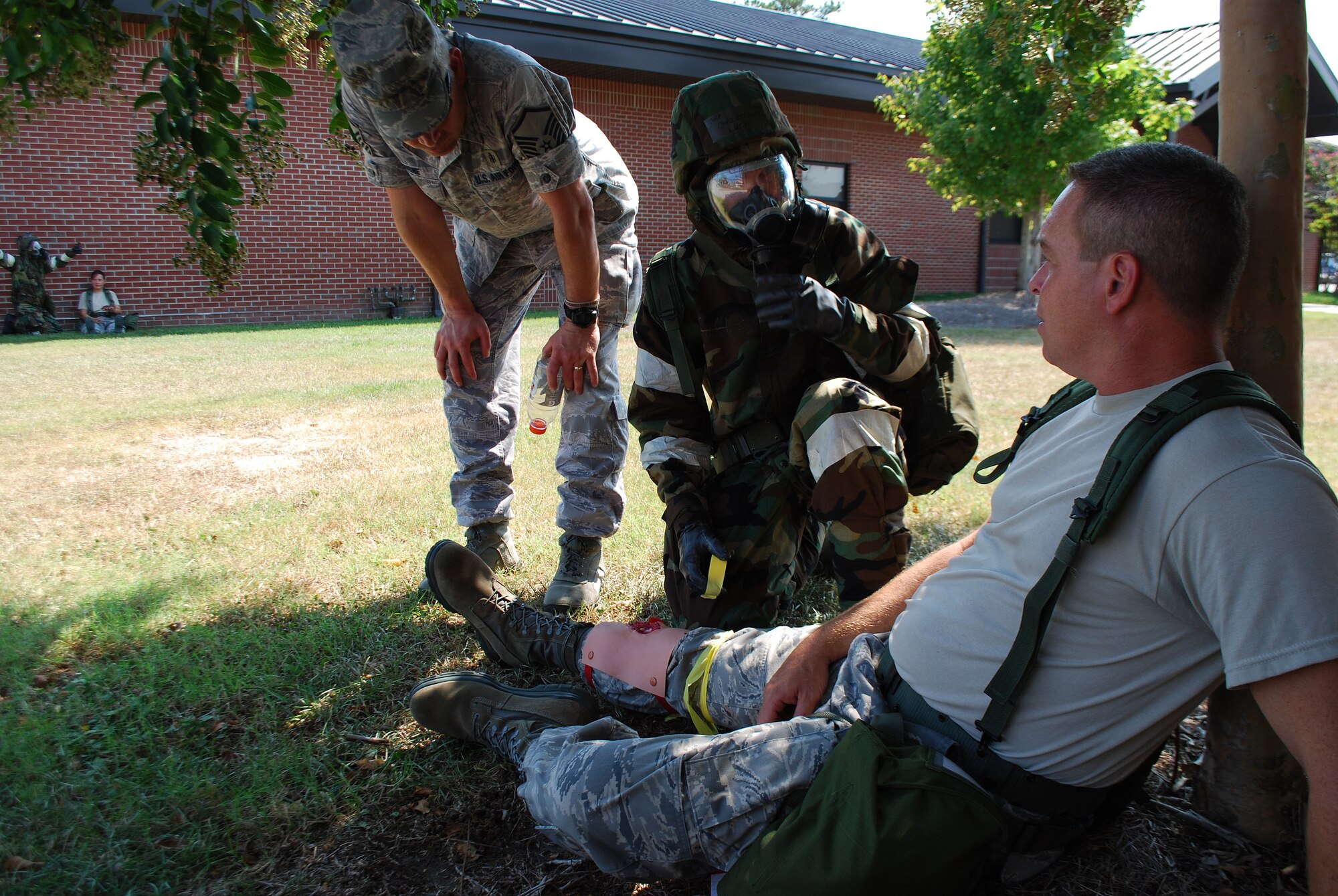 A member of the 315th Airlift Wing begins casualty collection following a simulated attack during an operational readiness exercise here Sept. 11, 2010. Charleston's operational readiness inspection is scheduled to take place Nov. 29 - Dec. 6, 2011, which signals the beginning of the ORI prep season for Airmen in the 315th Airlift Wing. As part of the preparation emergency managers from throughout 22nd Air Force are here to proactively train Reservists. During this weekend’s unit training assembly multiple exercises were conducted to assess the wing’s ability to survive & operate. (U.S. Air Force photo/Capt. Bryan Lewis)