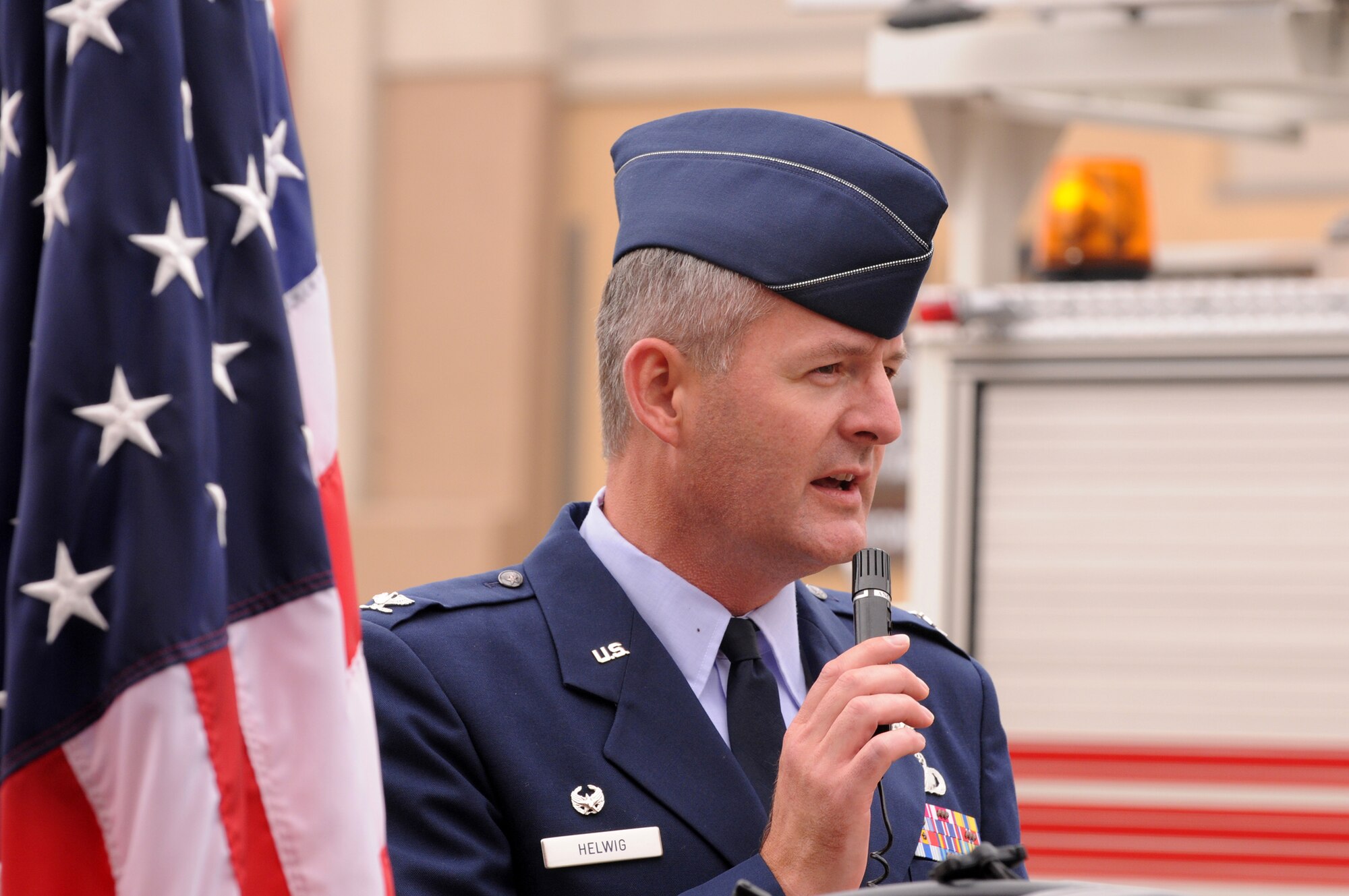Col. Charles Helwig, Satellite Control Network Group commander, speaks at Hermosa Beach’s 9-11 ceremony, Sept. 11. (Photo by Joe Juarez)