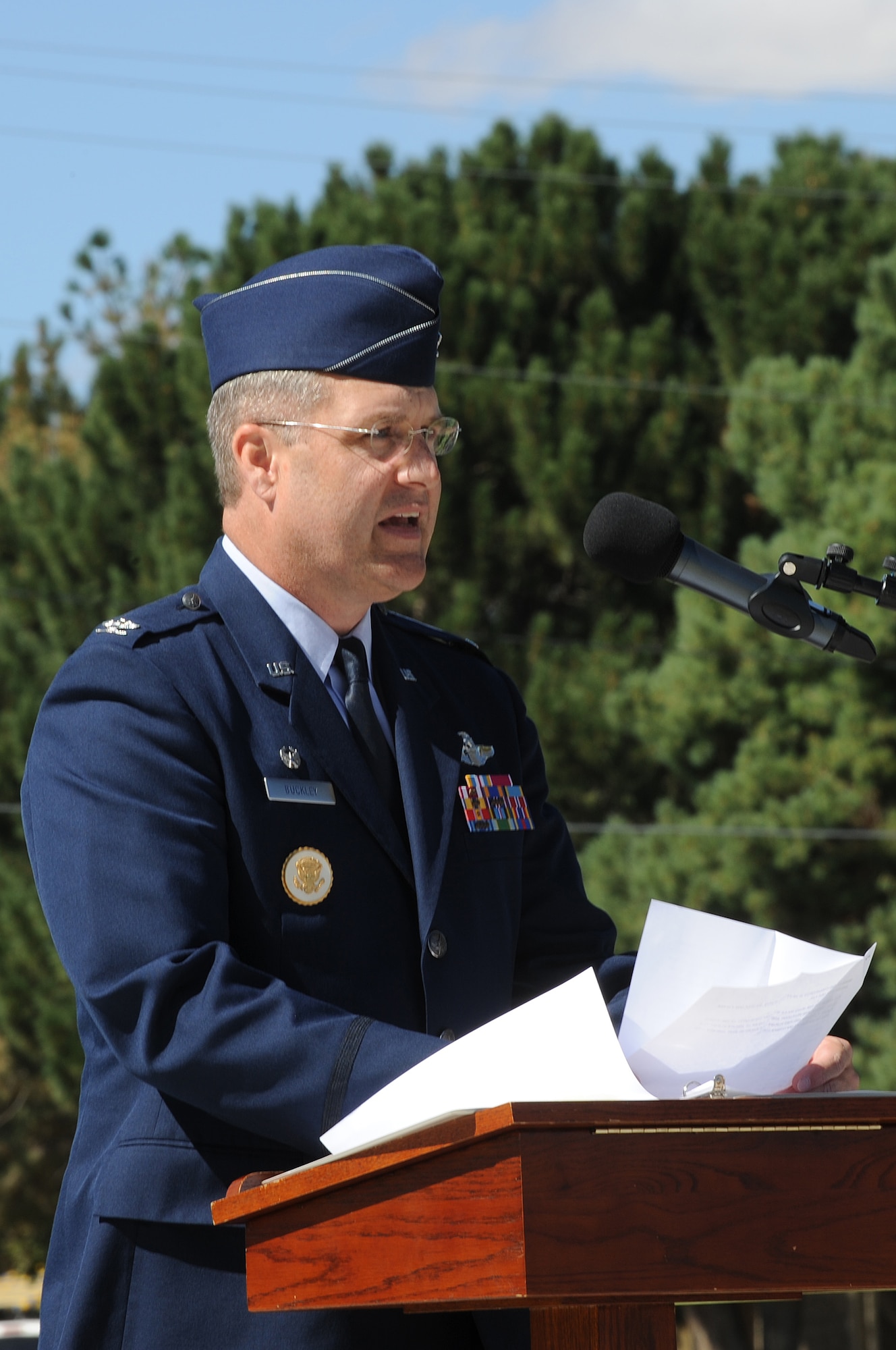 MOUNTAIN HOME AIR FORCE BASE, Idaho -- Col. Ronald Buckley, 366th Fighter Wing commander, gives a speech at a retreat ceremony at Holt Park Sept. 10. Mountain Home AFB held the retreat ceremony in remembrance of those who lost their lives during the Sept. 11, 2001 attacks. The ceremony was also a kick-off to the 50th Annual Air Force Appreciation Day held in Mountain Home. (U.S. Air Force photo by Senior Airman Roy Lynch)