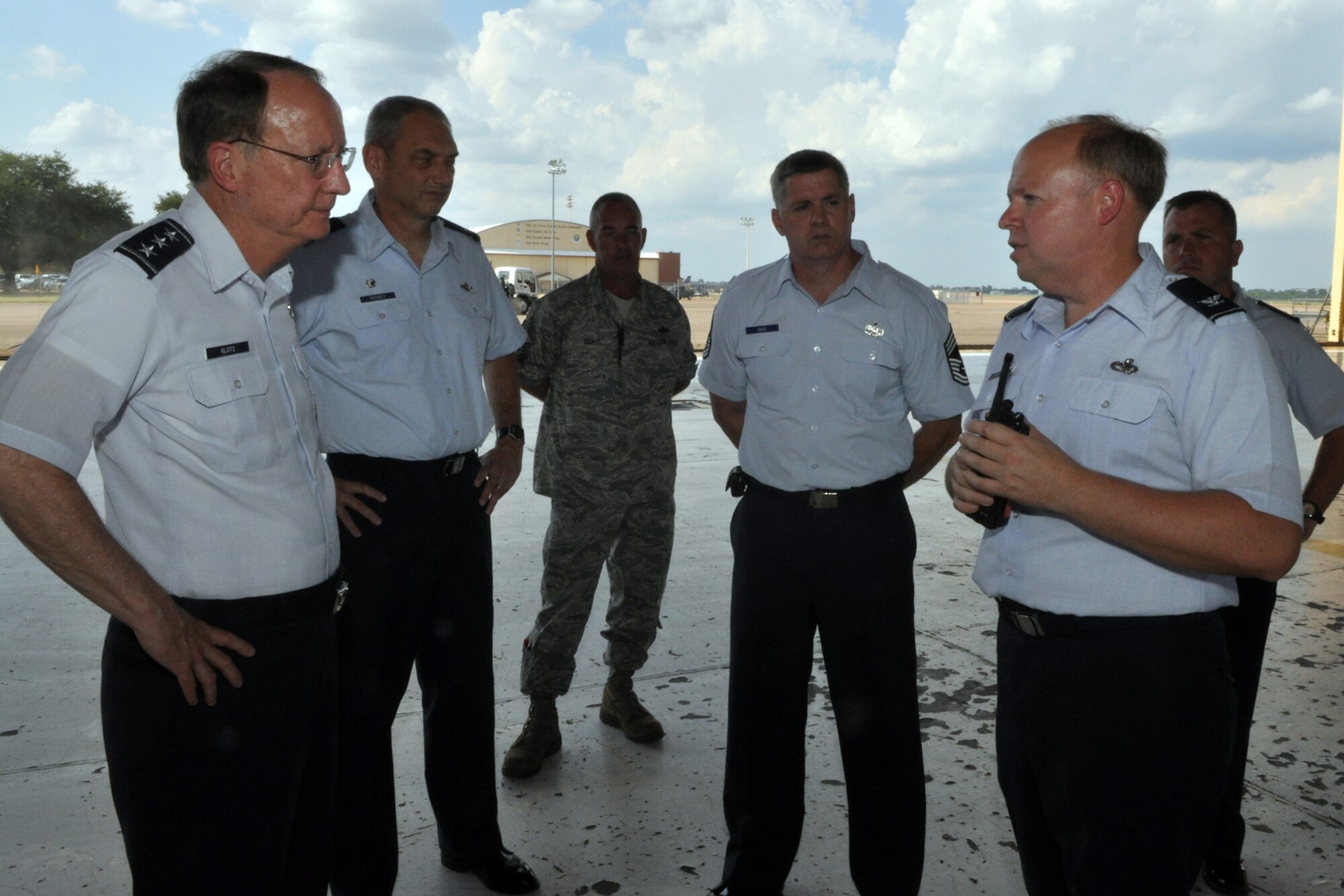 Col. Jeffrey S. Mullen, 917th Maintenance Group commander, talks to Lt. Gen. Frank G. Klotz, commander, Air Force Global Strike Command, during an orientation visit about the Air Force Reserves at Barksdale Air Force Base, La., Aug. 23. After a wing briefing by 917th Wing Commander Col. John J. Mooney III, at the 917th Wing Headquarters, General Klotz took an abbreviated tour of some of the 917th Wing assets on Barksdale. (U.S. Air Force photo/Tech. Sgt. Jeff Walston) 