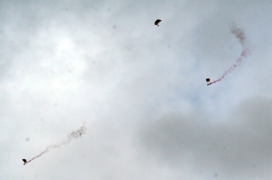 Soldiers from the U.S. Army's Golden Knights perform during the 2010 Airpower Over The Midwest Airshow on Sept. 11, 2010, at Scott Air Force Base, Ill. Tens of thousands of people attended the two-day airshow. (U.S. Air Force Photo/Master Sgt. Scott T. Sturkol)