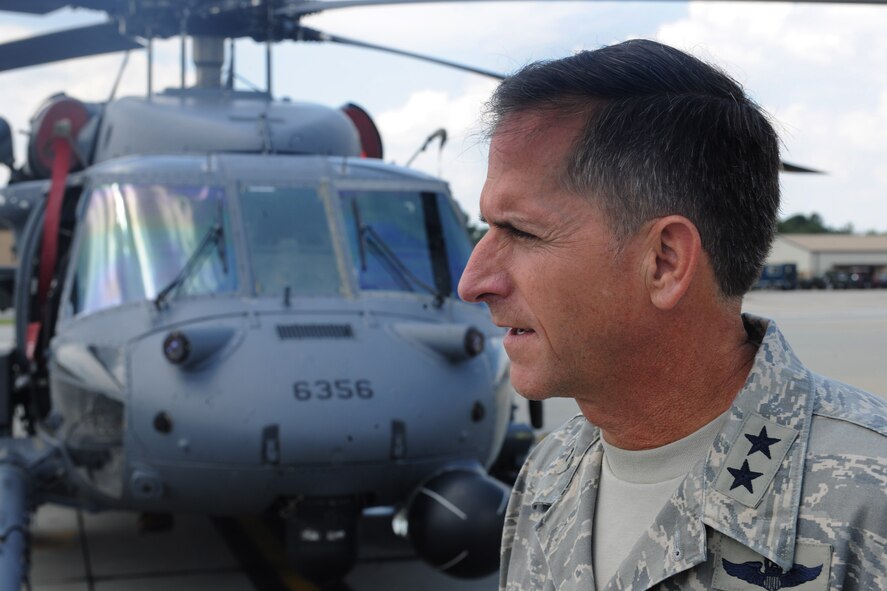 MOODY AIR FORCE BASE, Ga. -- Maj. Gen. David Goldfein, Air Combat Command director of air and space operations, stands in front of an HH-60G Pave Hawk as he reminisces about the night when he was shot down while flying over Serbia in May 1999. During his recent visit to Moody, General Goldfein was able to reunite with Lt. Col. Tom Kunkel, the HH-60G pilot who rescued him. (U.S. Air Force photo/Airman 1st Class Benjamin Wiseman)

