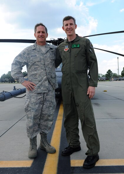 MOODY AIR FORCE BASE, Ga. -- Maj. Gen. David Goldfein, Air Combat Command director of air and space operations, and Lt. Col. Tom Kunkel, 41st Rescue Squadron commander, pose in front of an HH-60G Pave Hawk, during the general’s base visit here Sept. 1. In May 1999, General Goldfein was shot down while flying over Serbia and Colonel Kunkel was able to rescue the general and bring him back home safely. (U.S. Air Force photo/Airman 1st Class Benjamin Wiseman)
