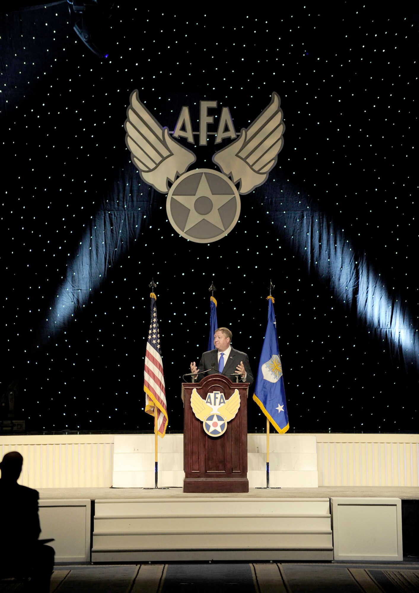Secretary of the Air Force Michael Donley delivers his keynote speech during the opening morning of the Air Force Association's Air & Space Conference and Technology Exposition, Sept. 13, 2010, in National Harbor, Md. In concluding his speech, Secretary Donley discussed the world we live in today and how to ensure the Air Force remains well-postured for what tomorrow brings. (U.S. Air Force photo/Scott M. Ash)