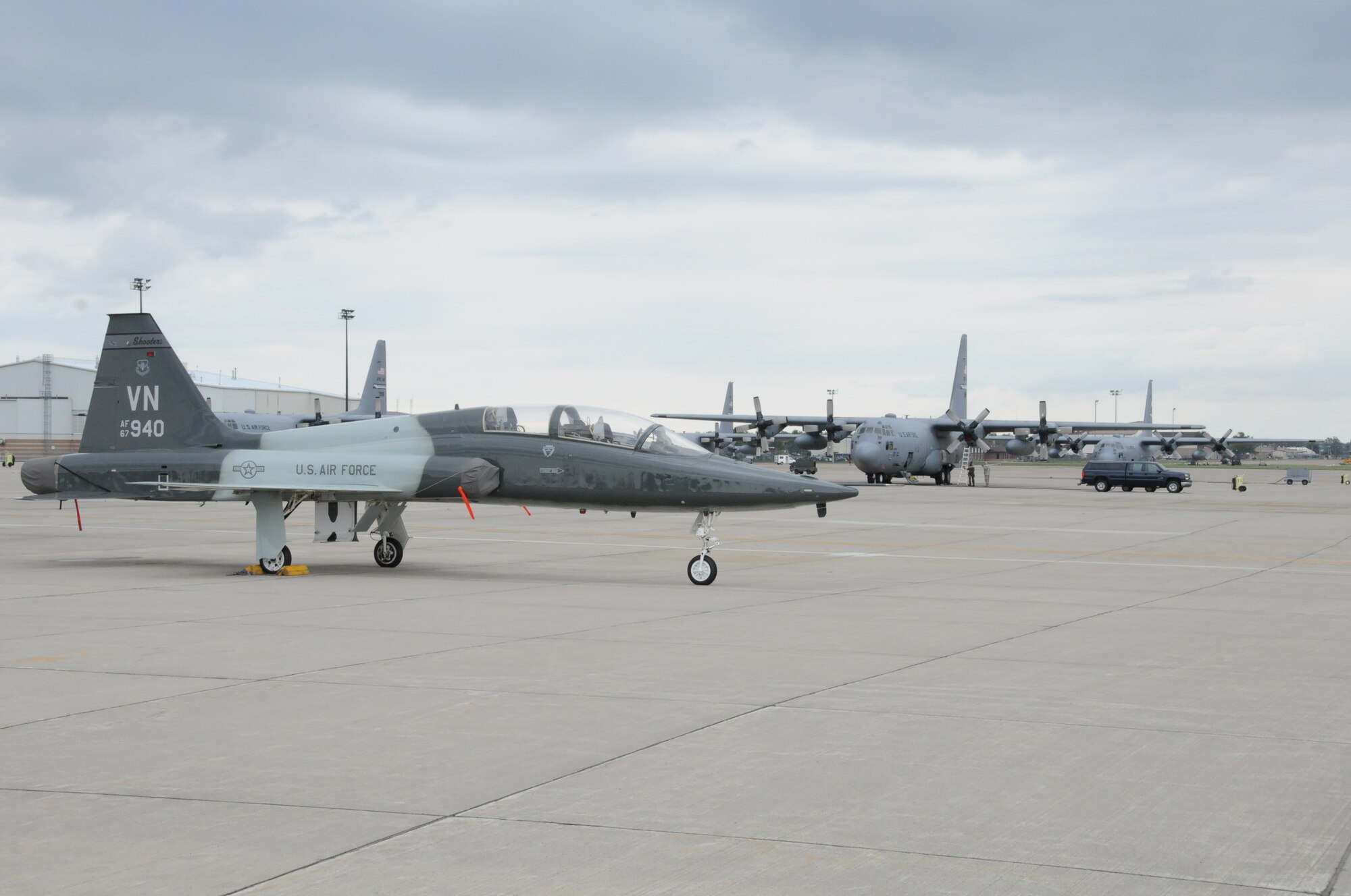 A T-38 Talon jet from Vance Air Force Base, Oklahoma sits near the flightline at The Niagara Falls Air Reserve Station after a flyover at Ralf Wilson Stadium, Orchard Park, N.Y. Sunday.

The T-38 Talon is a twin-engine, high-altitude, supersonic jet trainer used in a variety of roles because of its design, economy of operations, ease of maintenance, high performance and exceptional safety record. 
