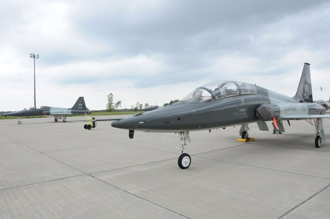 A T-38 Talon jet from Vance Air Force Base, Oklahoma sits near the flightline at The Niagara Falls Air Reserve Station after a flyover at Ralf Wilson Stadium, Orchard Park, N.Y. Sunday.

The T-38 Talon is a twin-engine, high-altitude, supersonic jet trainer used in a variety of roles because of its design, economy of operations, ease of maintenance, high performance and exceptional safety record. 
