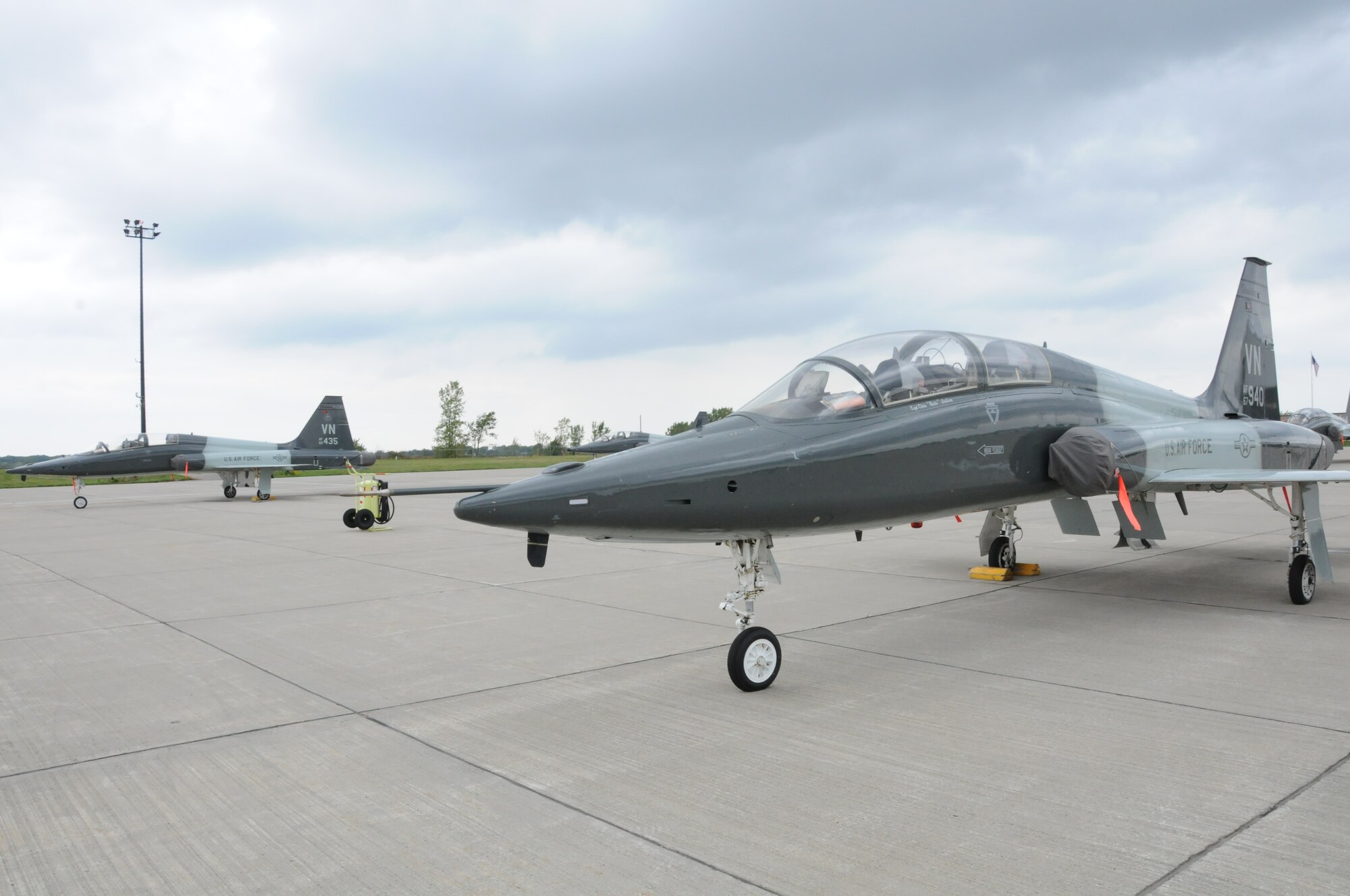 A T-38 Talon jet from Vance Air Force Base, Oklahoma sits near the flightline at The Niagara Falls Air Reserve Station after a flyover at Ralf Wilson Stadium, Orchard Park, N.Y. Sunday.

The T-38 Talon is a twin-engine, high-altitude, supersonic jet trainer used in a variety of roles because of its design, economy of operations, ease of maintenance, high performance and exceptional safety record. 
