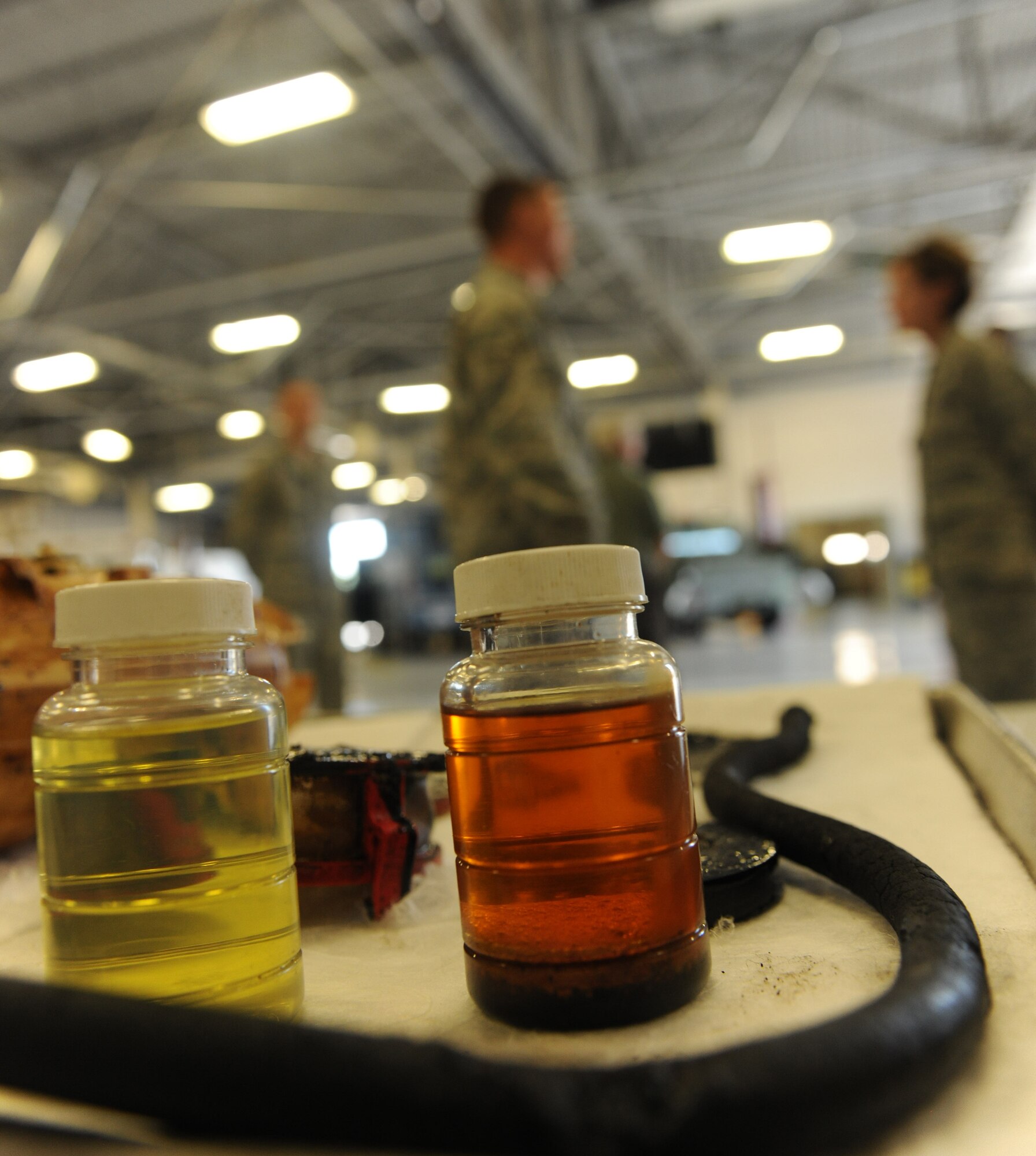 MOODY AIR FORCE BASE, Ga. -- Two samples of biodiesel fuel sit on display for Maj. Gen. Judith Fedder, Air Combat Command director of logistics, during her base visit here Sept. 9. Members from the 23rd Logistics Readiness Squadron expressed their concerns about using biodiesel fuel for their equipment. (U.S. Air Force photo/Airman 1st Class Benjamin Wiseman)
