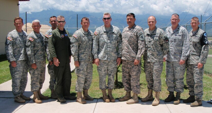 SOTO CANO AIR BASE, Honduras --  Maj. Gen. Simeon Trombitas, the U.S. Army South commander, fourth from the right, poses with commanding officers from Joint Task Force-Bravo including Col. Gregory Reilly, the JTF-Bravo commander, at the general's right. General Trombitas visited here to speak with commanders and learn more about the JTF-Bravo mission. (U.S. Air Force photo/Tech. Sgt. Benjamin Rojek)
