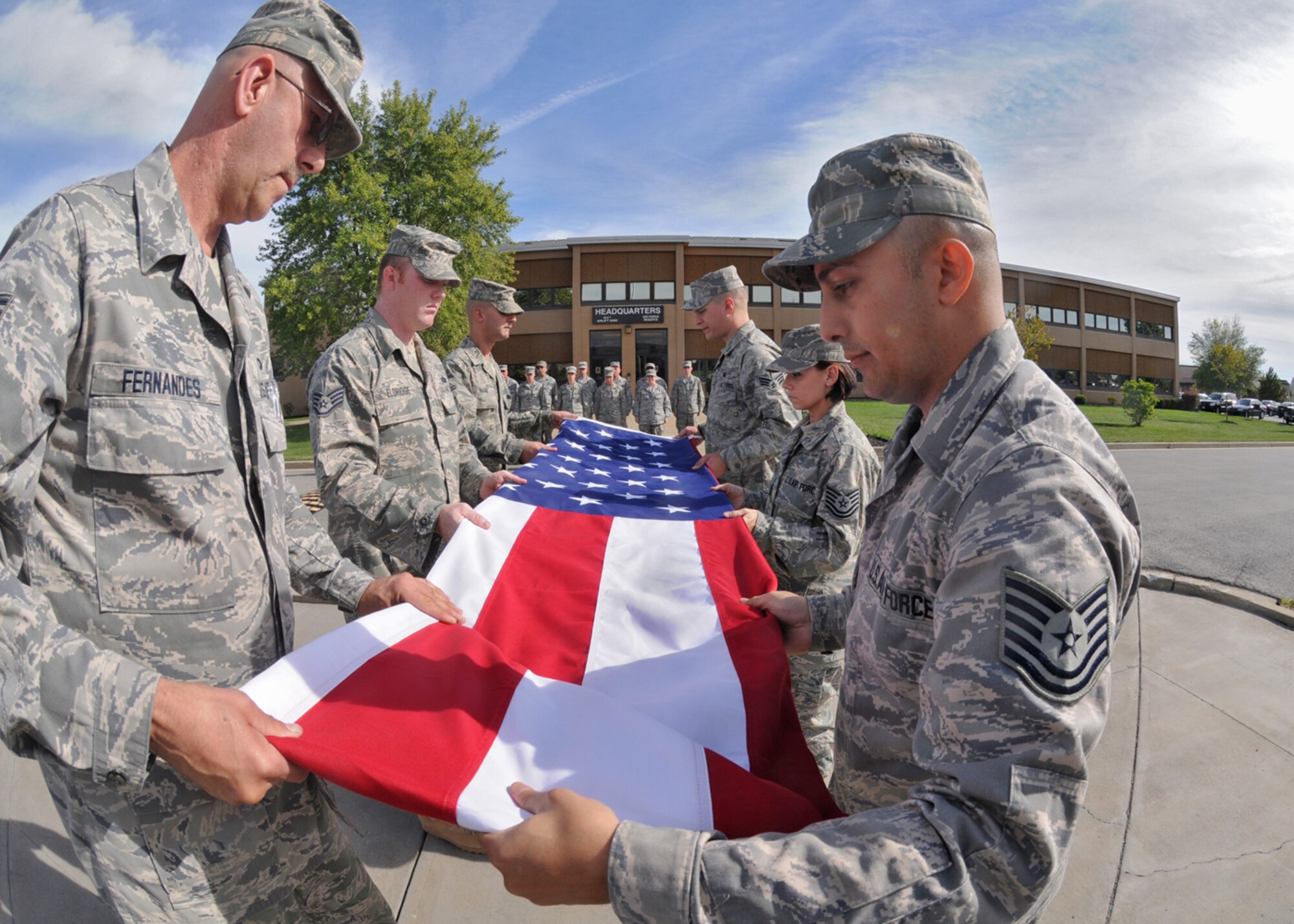 Members of the 914th Airlift Wing Services Prime Readiness in Base Services Squadron performed retreat on a very solemn and important anniversary in American History September 11, 2010 Niagara Falls Air Reserve Station, Niagara Falls, NY. (U.S. Air Force photo by Staff Sgt. Joseph McKee)