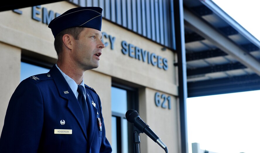 MOODY AIR FORCE BASE, Ga. -- Col. Gary Henderson, 23rd Wing commander, provides his remarks at a 9/11 ceremony here Sept. 11. Colonel Henderson spoke about the individuals who sacrificed their lives to save others and where he was when the tragic event took place. (U.S. Air Force photo/Airman 1st Class Joshua Green)
