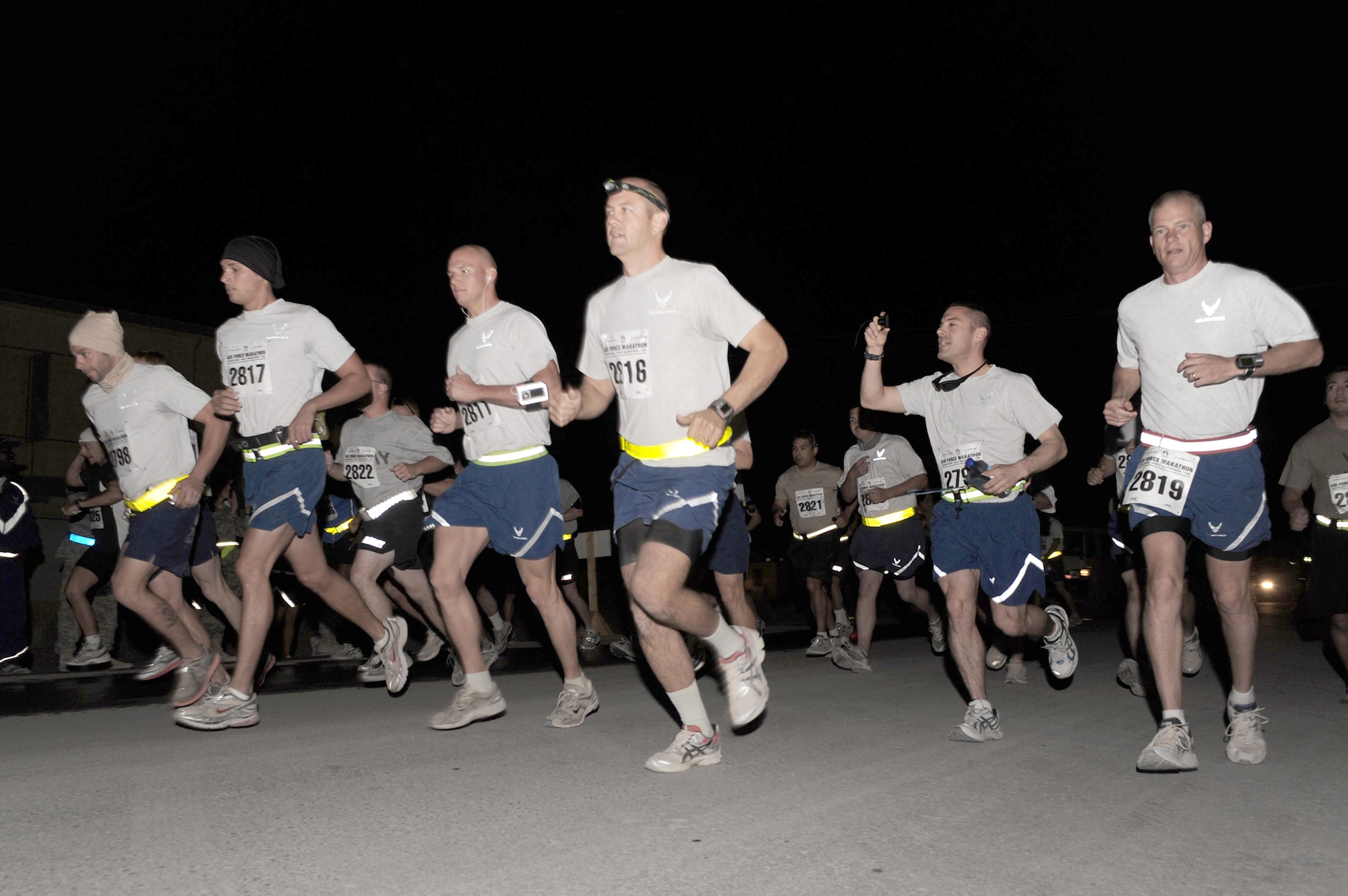 Airmen participating in the Air Force Marathon start the race early in the morning Sept. 11, 2010, at Kandahar Airfield, Afghanistan. (U.S. Air Force photo/Tech. Sgt. Chad Chisholm)
