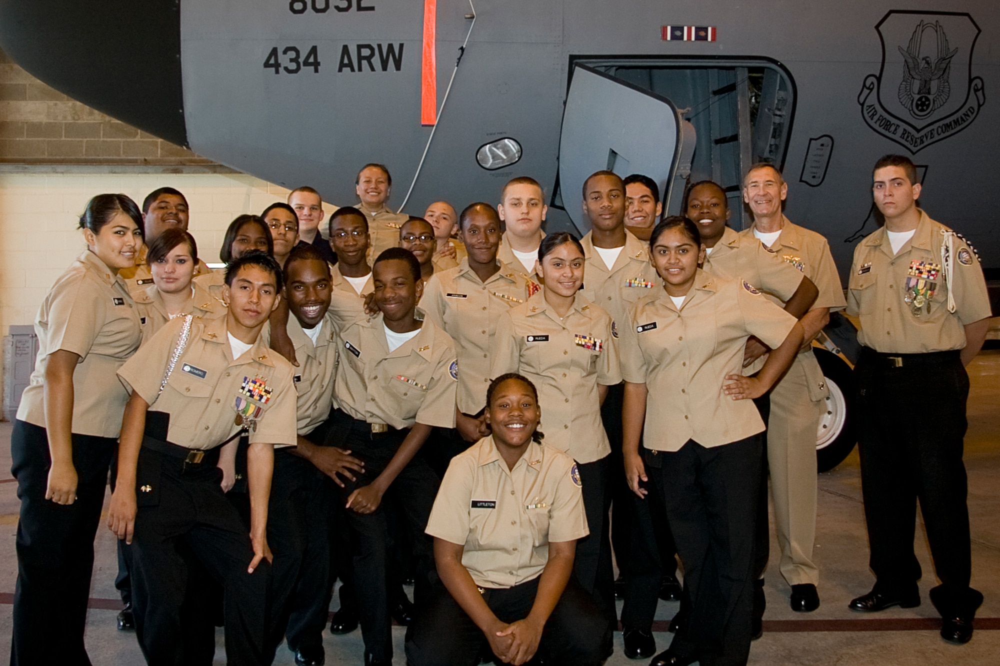 GRISSOM AIR RESERVE BASE, Ind. -- Navy Junior Reserve Officers Training Corps cadets pose for a photo in front of a KC-135R Stratotanker here during a base tour Sept. 8. The cadets were from Proviso East High School in Maywood, Ill. During their visit, the cadets were able to tour the Marine Corps Reserve unit here as well get an up-close look at a KC-135. The mission of the NJROTC program is to instill in students in United States secondary educational institutions the values of citizenship, service to the United States, personal responsibility and a sense of accomplishment. (U.S. Air Force photo/Tech. Sgt. Mark R. W. Orders-Woempner)