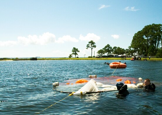 EGLIN AIR FORCE BASE, Fla. -- Aircrew flight equipment specialists from 46th Operation Support Squadron teach water survival to Eglin aircrew Sept. 10 at Post'l Point.  Some of the activities were:  escaping from under a water parachute trainer, moving harness release, and surviving in the one-man life raft.  This training is essential to aircrew survival after an in-air emergency. (U.S. Air Force photo/Staff Sgt. Felicia L. Welch) 

