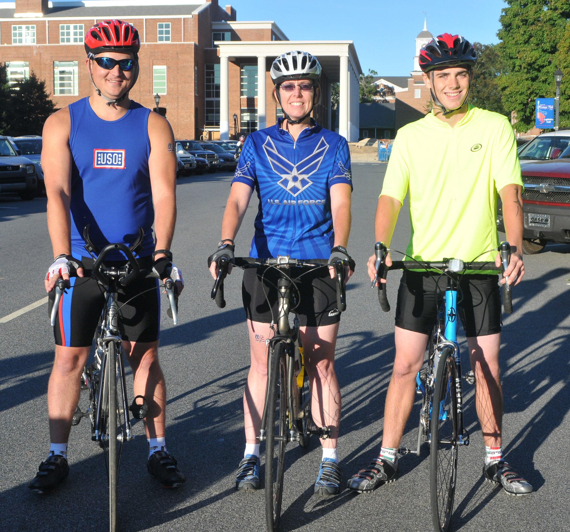 From left to right, Tech. Sgt. David Jackson and Lt. Col. Gretchen Kurlander, both 512th Logistics Readiness Flight members, and Austen Kurlander, 16, stand ready to begin a 50-mile cycling course through the backroads of Delaware Sept. 11 as part of Dover's 24th Annual Amish Bike Tour. The trio completed the event in 3 hours, 31 minutes. (U.S. Air Force photo by Master Sgt. Veronica A. Aceveda/Released)