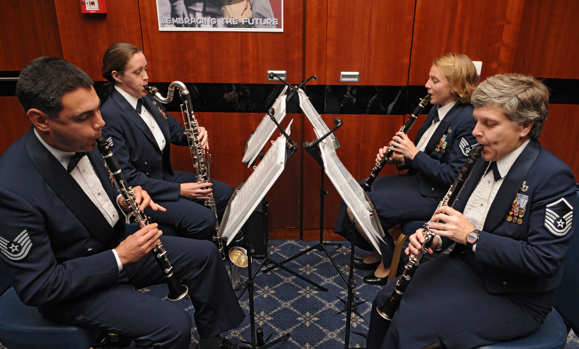 SPANGDAHLEM AIR BASE, Germany – The U.S. Air Forces in Europe Band clarinet quartet serenades attendees at the 2010 Air Force Ball Sept. 10. The theme of Air Force Ball was, “Remembering our heritage and embracing our future.” (U.S. Air Force photo/Staff Sgt. Benjamin Wilson)