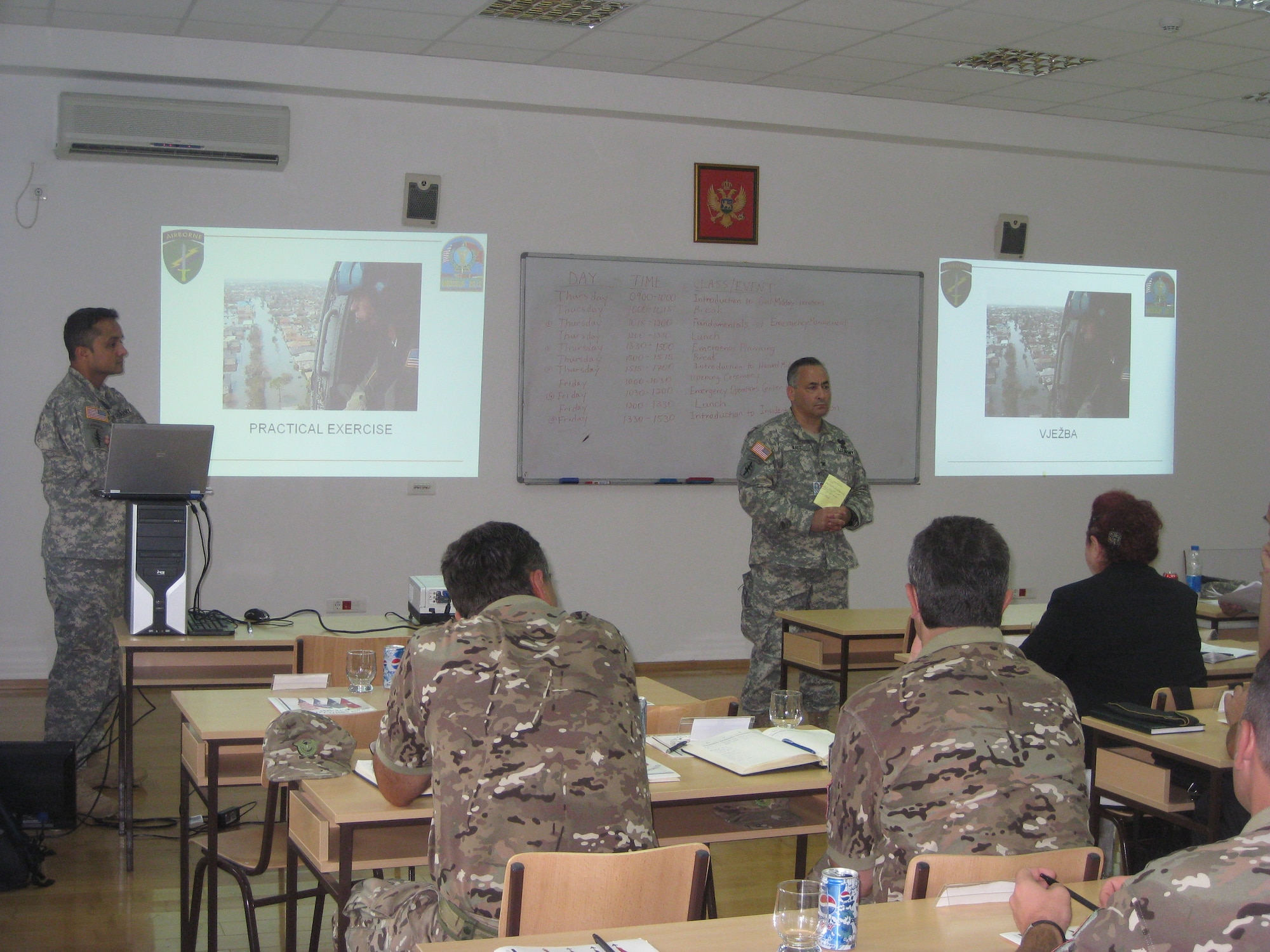U.S. Army Maj. Mrunal Vyas (left) and Col. Steve Katz of the Army Civil Military Operations team instructs a class during the 2010 Medical Training Exercise in Central and Eastern Europe (MEDCEUR) Sept. 9 in Montenegro. This is Colonel Katz’s third time supporting MEDCEUR teaching the basics of emergency planning and response to partner nations. For more information, go to www.usafe.af.mil/medceur.asp and www.odbrana.gov.me. (U.S. Army photo courtesy of Lt. Col. Jeff Gabel)