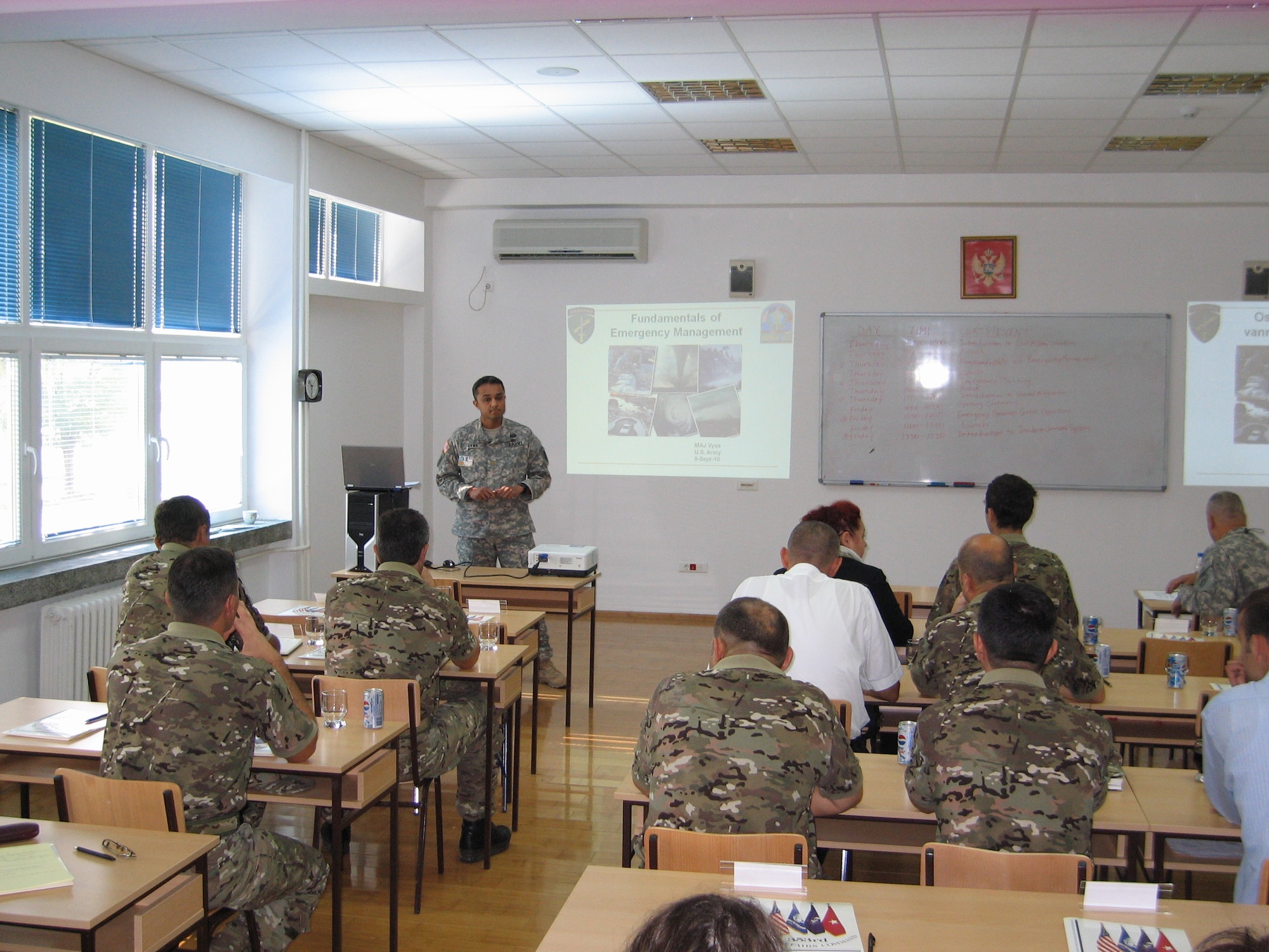 U.S. Army Maj. Mrunal Vyas of the Army Civil Military Operations team instructs a class during the 2010 Medical Training Exercise in Central and Eastern Europe (MEDCEUR) Sept. 9 in Montenegro. The Civil Military Operations team teaches the basics of emergency planning and response to servicemembers of the ten nations participating in the exercise. For more information, visit www.usafe.af.mil/medceur.asp and www.odbrana.gov.me. (U.S. Army photo courtesy of Lt. Col. Jeff Gabel)