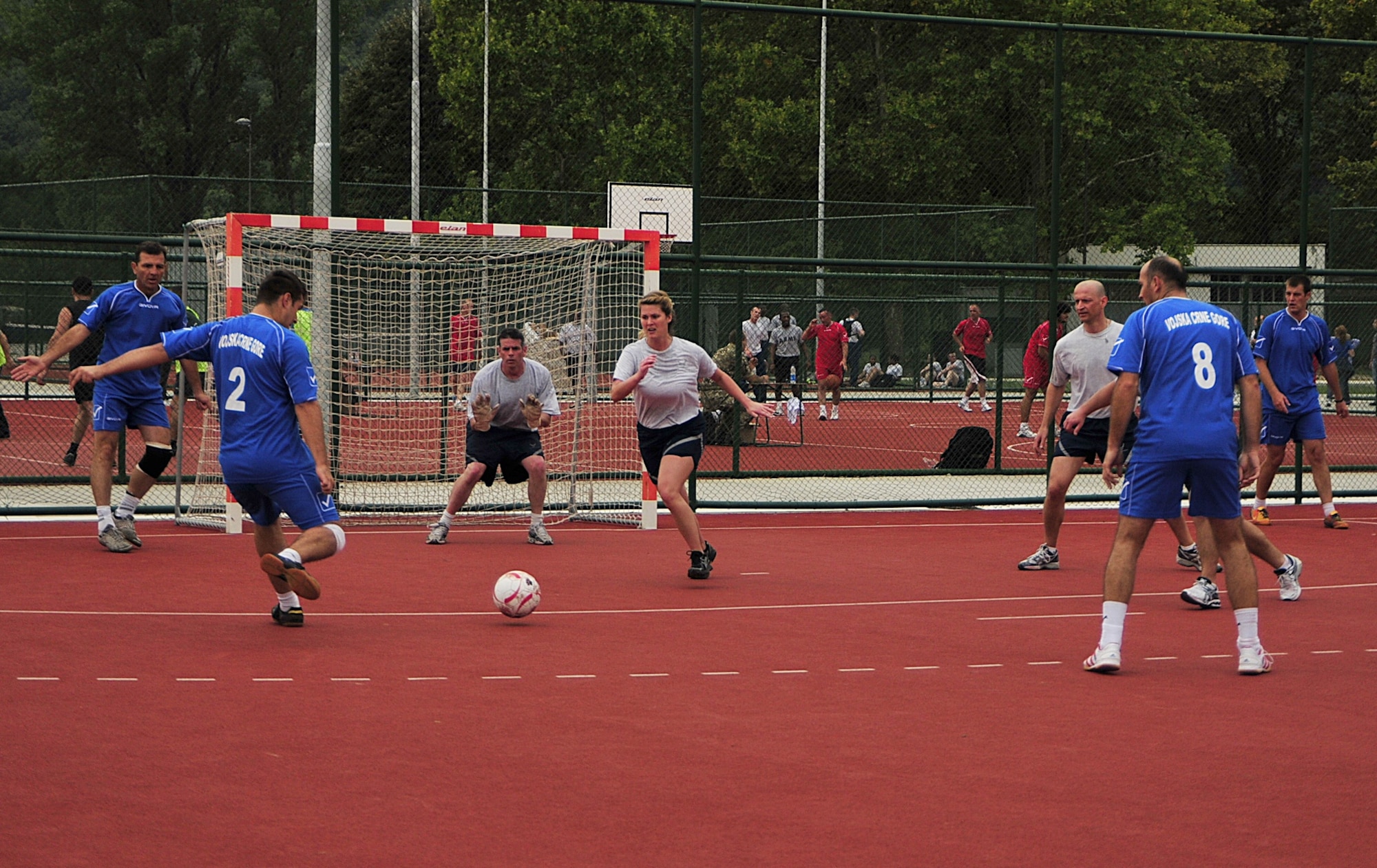 U.S. Air Force Airmen play a game of soccer against the Armed Forces of Montenegro during the MEDCEUR10 sports day at Danilovgrad Army Base, Montenegro, Sept. 12. Fitness is a key element in any military force and will assist the service members in MEDCEUR 10, a medical training exercise in central and eastern Europe. For more information, visit www.usafe.af.mil/medceur.asp and www.odbrana.gov.me. (U.S. Air Force photo/Airman 1st Class Tiffany Deuel)
