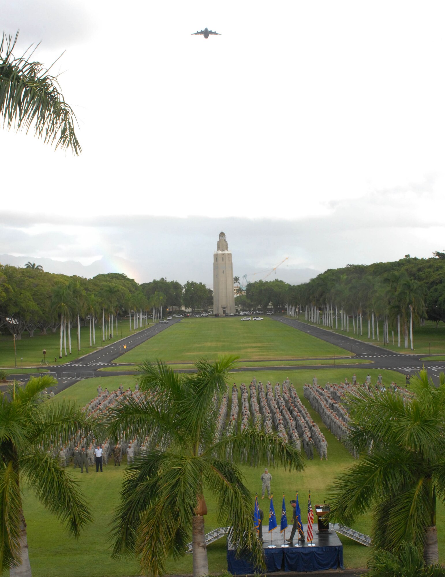 JOINT BASE PEARL HARBOR HICKAM, Hawaii - A C-17 Globemaster III flys by during the Patriot Day Remembrance Ceremony here, Sept. 10. The ceremony was to honor the victims from the events that unfolded on Sept. 11, 2001. (U.S. Air Force photo/Staff Sgt. Carolyn Viss)
