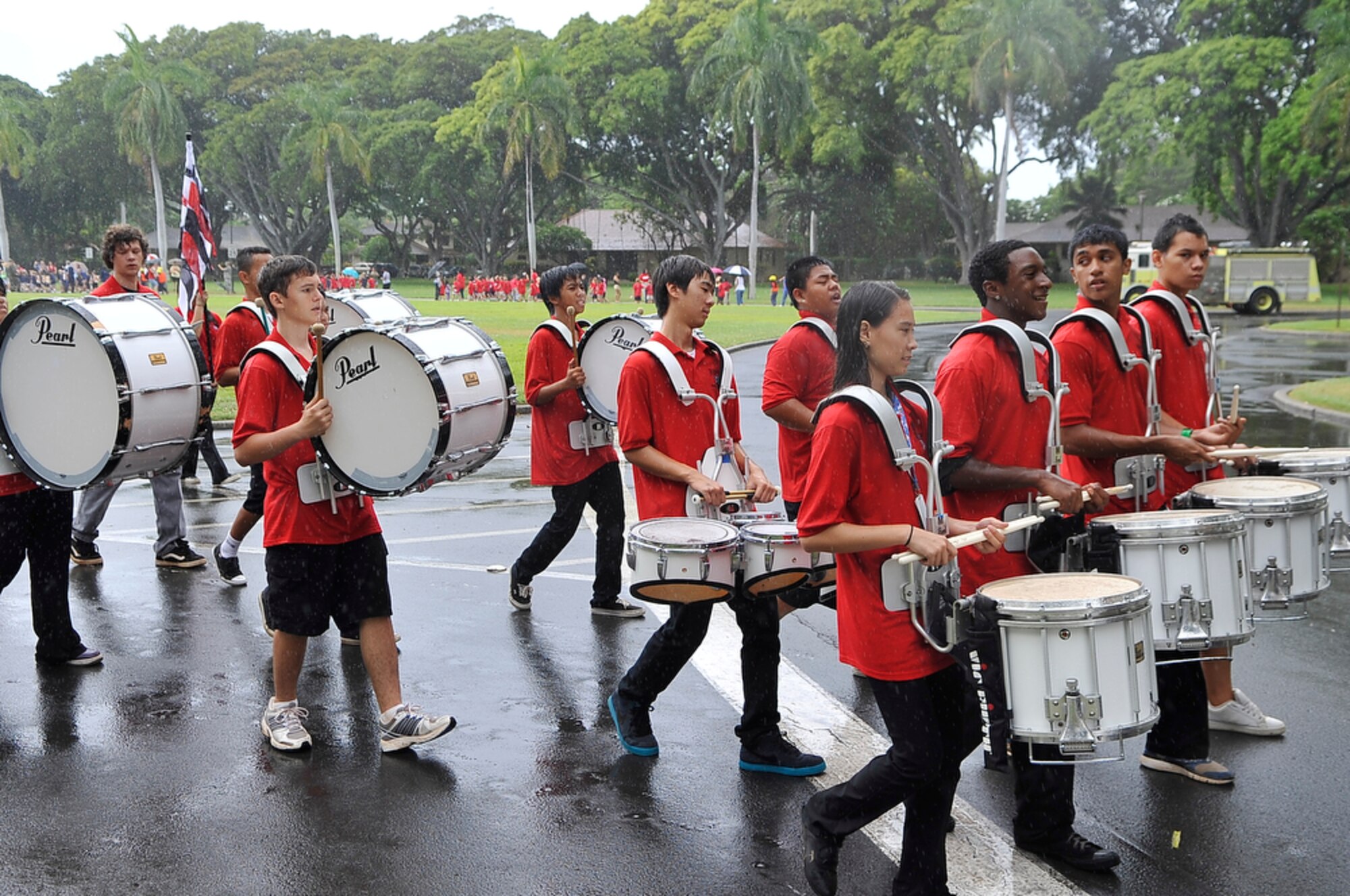 JOINT BASE PEARL HARBOR-HICKAM, Hawaii - RAdford High School Band members participated in Hickam Elementary School's Second Annual 9/11 Ceremony on Sept. 10, while at Joint Base Pear Harbor-Hickam, Hawaii. More than 750 students from Hickam Elementary participated in the ceremony with the help of their teachers, parents and the Radford High School Color Guard and Band. (U.S.  Air Force photo/Tech Sgt. Cohen A. Young)