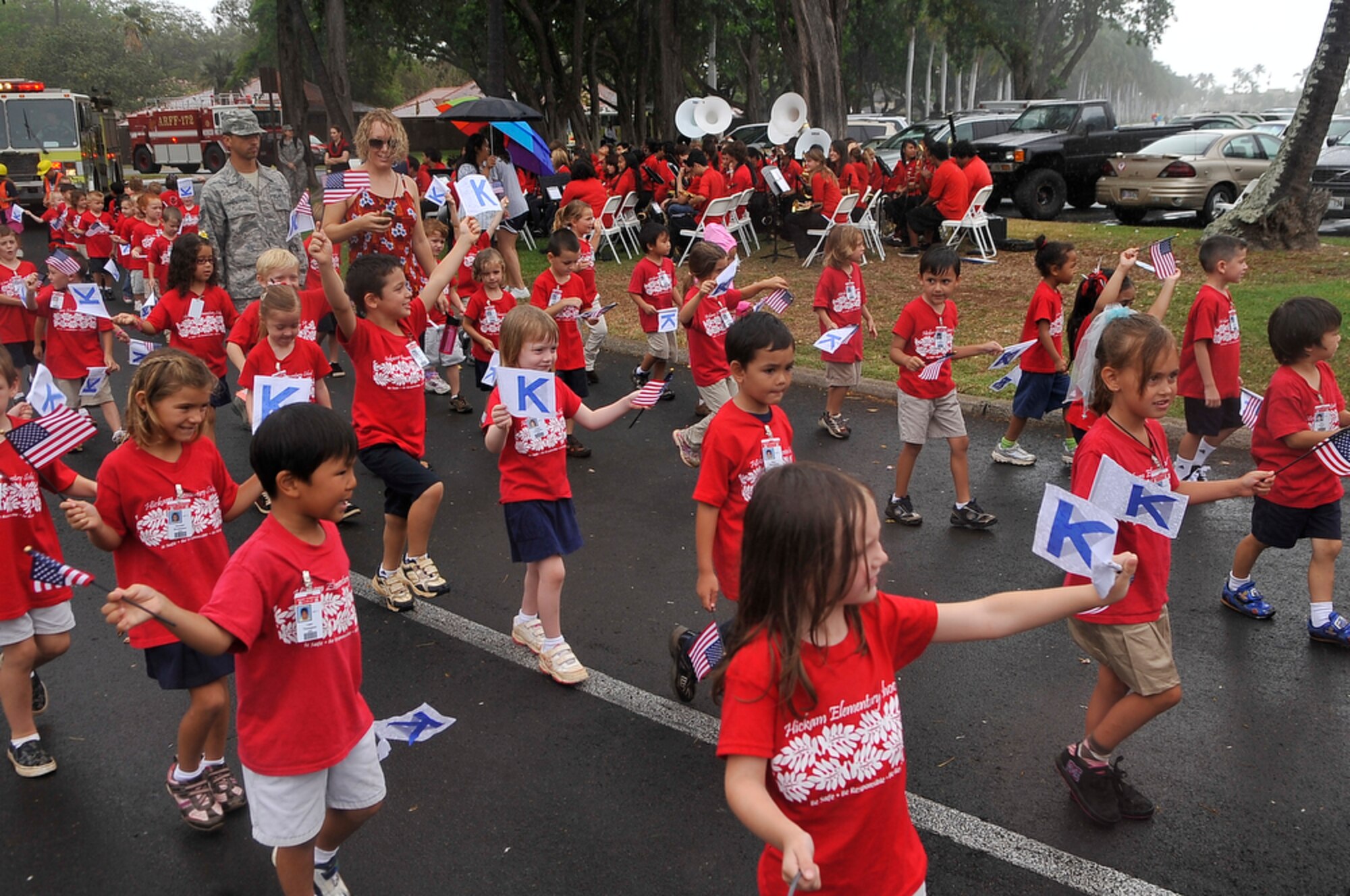 JOINT BASE PEARL HARBOR-HICKAM, Hawaii - More than 750 students from Hickam Elementary School on Joint Base Pearl Harbor-Hickam, Hawaii took time to remember those that were killed as a result of several terrorists acts on Sept. 11, 2001 by participating in a parade around the Freedom Tower at Hickam.(U.S.  Air Force photo/Tech Sgt. Cohen A. Young)