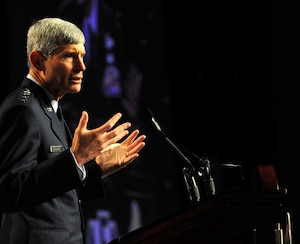 Air Force Chief of Staff Gen. Norton Schwartz gives his keynote address Sept. 14, 2010, during the Air Force Association 2010 Air and Space Conference and Technology Exposition at National Harbor in Oxon Hill, Md. General Schwartz discussed the role of the Air Force in the 21st century strategic environment. (U.S. Air Force photo/Scott M. Ash)