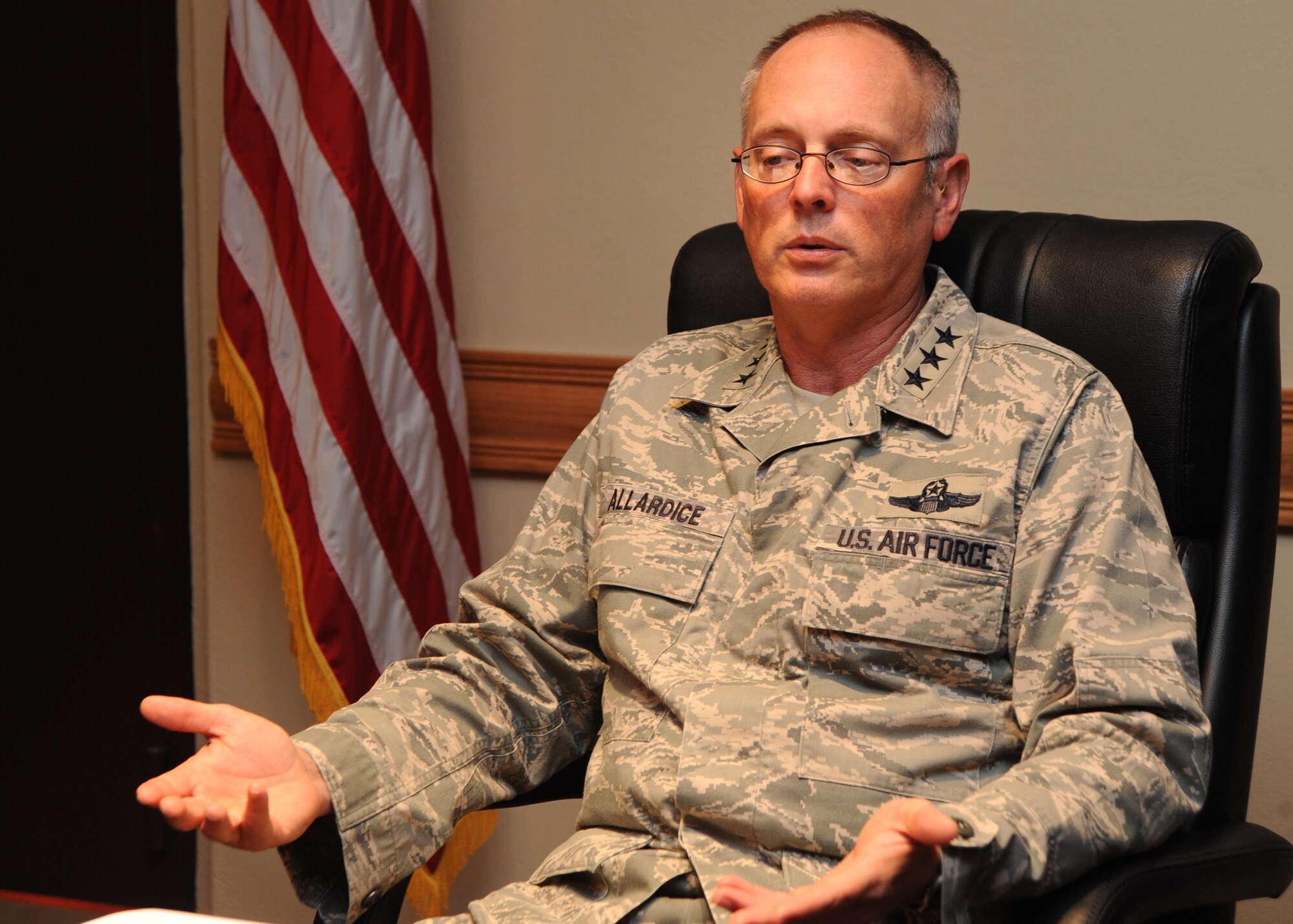 Lt. Gen. Robert Allardice, 18th Air Force commander, speaks about his appreciation for McConnell Airmen, the importance of physical fitness and current deployment rates during an interview held Sept. 9, 2010, McConnell Air Force Base, Kan.  During a Sept. 9 commander’s call, General Allardice answered a variety of questions concerning McConnell Airmen.  The visit was General Allardice’s first to McConnell since becoming the 18th Air Force commander.  (U.S. Air Force photo/Airman 1st Class Andrea Salazar)