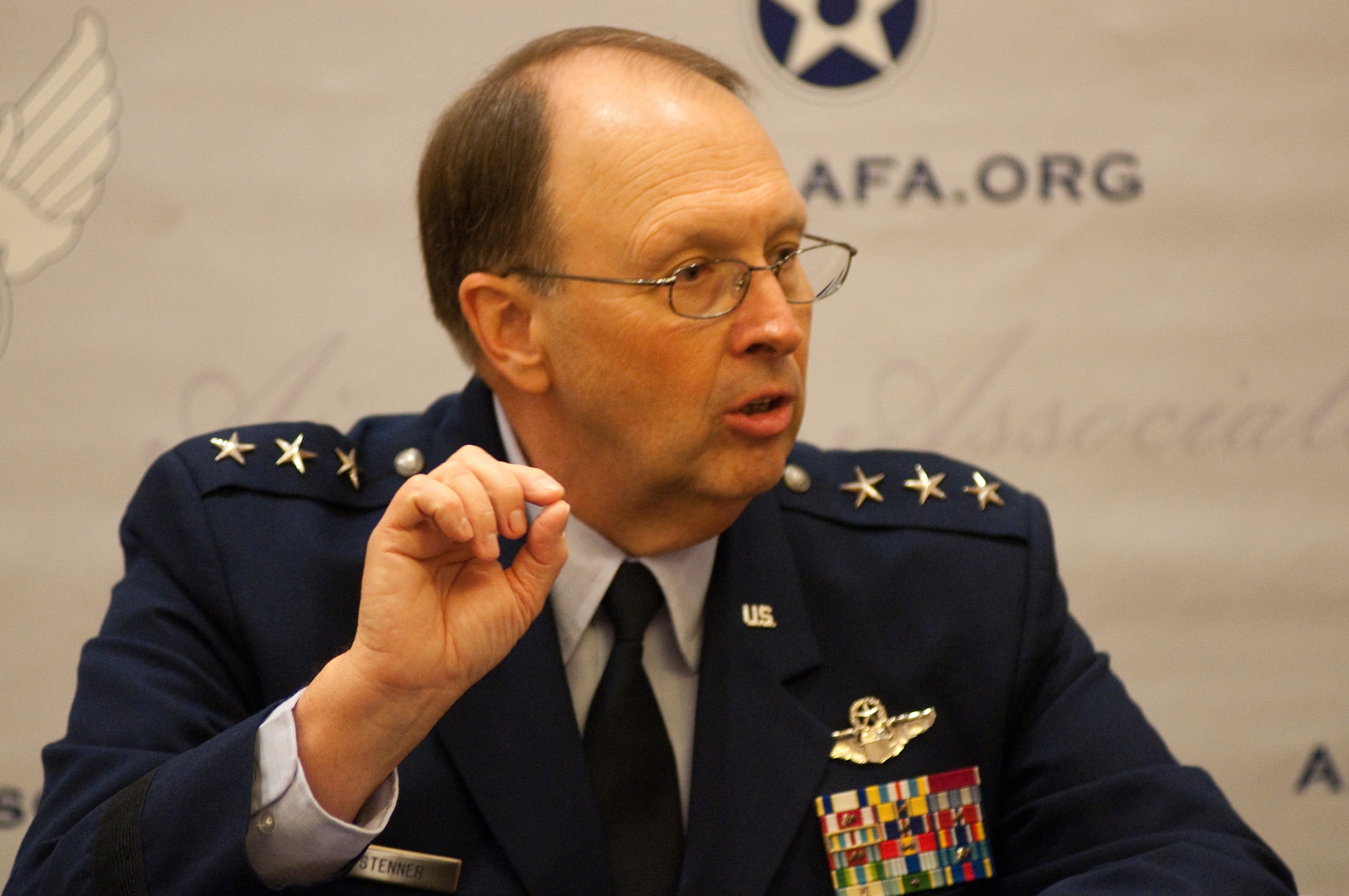 Lt. Gen. Charles E. Stenner Jr., the commander of the Air Force Reserve Command and chief of the Air Force Reserve, speaks to a standing-room only crowd about military structure for the 21st century Sept. 13, 2010, during the Air Force Association Air & Space Conference and Technology Exposition 2010 at National Harbor in Oxon Hill, Md.  (U.S. Air Force photo/Staf Sgt. Alexy Saltekoff)