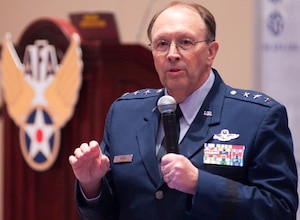 Lt. Gen. Charles E. Stenner Jr., the commander of the Air Force Reserve Command and chief of the Air Force Reserve, speaks to a standing-room only crowd about military structure for the 21st century Sept. 13, 2010, during the Air Force Association Air & Space Conference and Technology Exposition 2010 at National Harbor in Oxon Hill, Md.  (U.S. Air Force photo/Staf Sgt. Alexy Saltekoff)